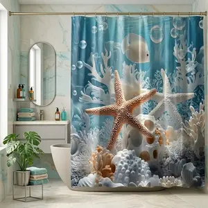 1/4pcsUnderwater Theme Bathroom Curtain Set - Coral Starfish Fish Ocean Shower Curtain Sets with Matching Bath Mat Toilet Seat Cover Lid - Marine Inspired Decor Bathroom Decorations for Kids Adults, Great for Summer Home Gift