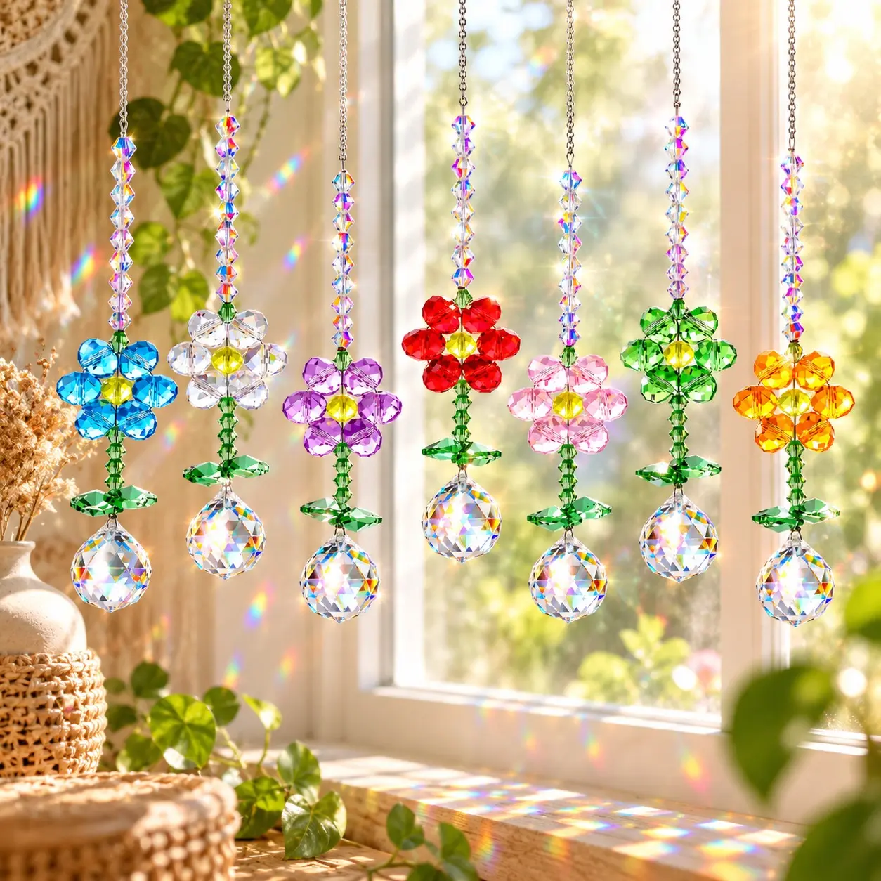 7-Piece Colorful Flower Rainbow Sun Catcher Hanging Decor, Floral Multifaceted Bead Pendant, Window Bedroom Home Garden Summer Gift, Christmas Present