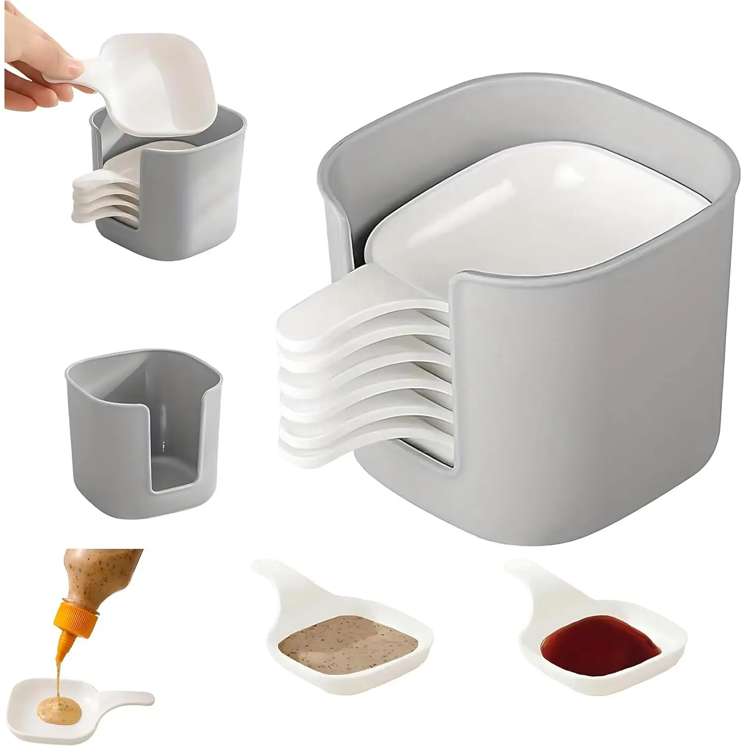 Sturdy 7Pcs Plastic Dipping Dish Set with Storage Box, 6 Seasoning Dishes, Mini Handle Holder for Parties, Picnics (White)