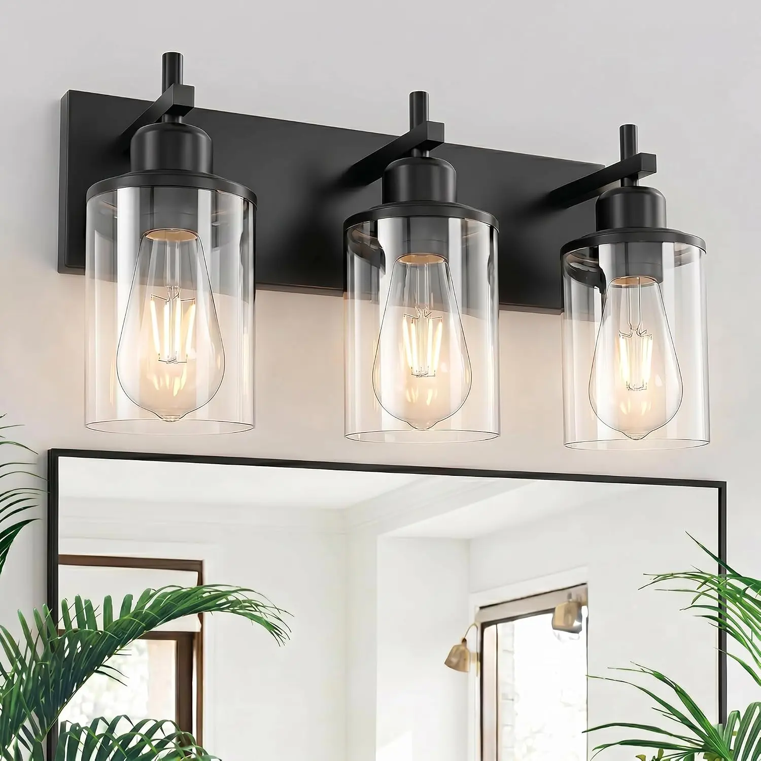 3-Light Black Bathroom Light Fixture Over Mirror Modern Farmhouse Bathroom Vanity Light Vintage Wall Lighting with Clear Glass Shade for Bathroom, Bedroom, Hallway, Cabinet