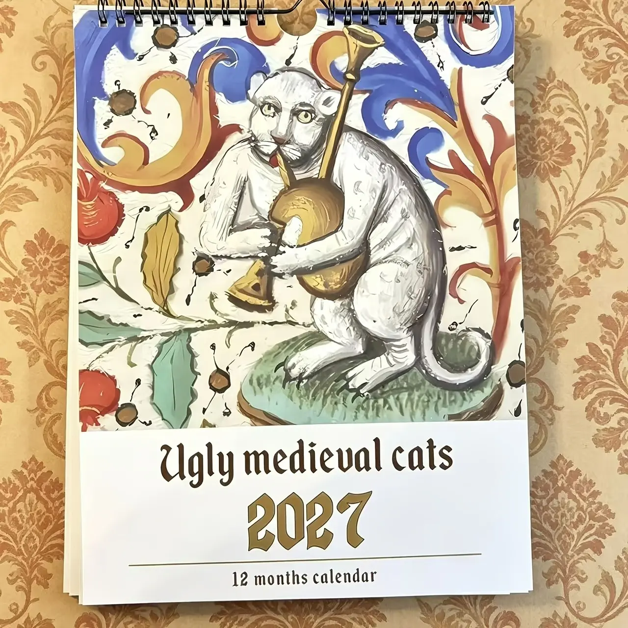 Cute Medieval Cat Wall Calendar 2027, Vintage Hand-Drawn Funny Cat Illustrations, 12-Month Hanging Calendar, Creative Gift for Cat Lovers