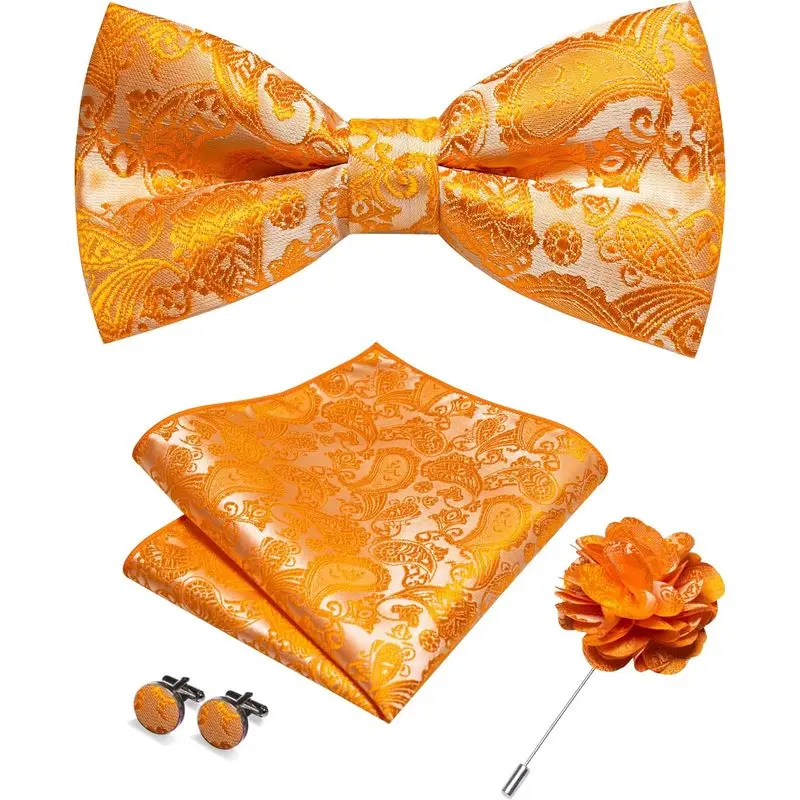 Classic Paisley Bow Tie Set for Men, 4-Piece Male Wear Accessories with a Pre-tied Bow, Pocket Square, Cufflinks & Lapel Pin, Bow Tie Shape