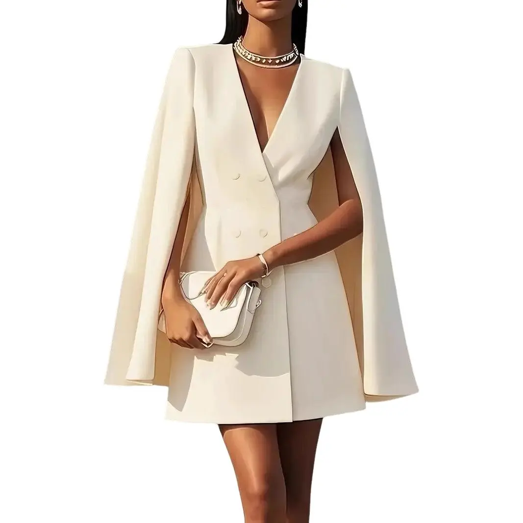 Women’s Double Breasted Blazer Dress 100% Polyester Elegant Cape Sleeve Suit Dress Solid Color V Neck Office Wear Casual Commuter Midi Dress for Women Party Work Outfit