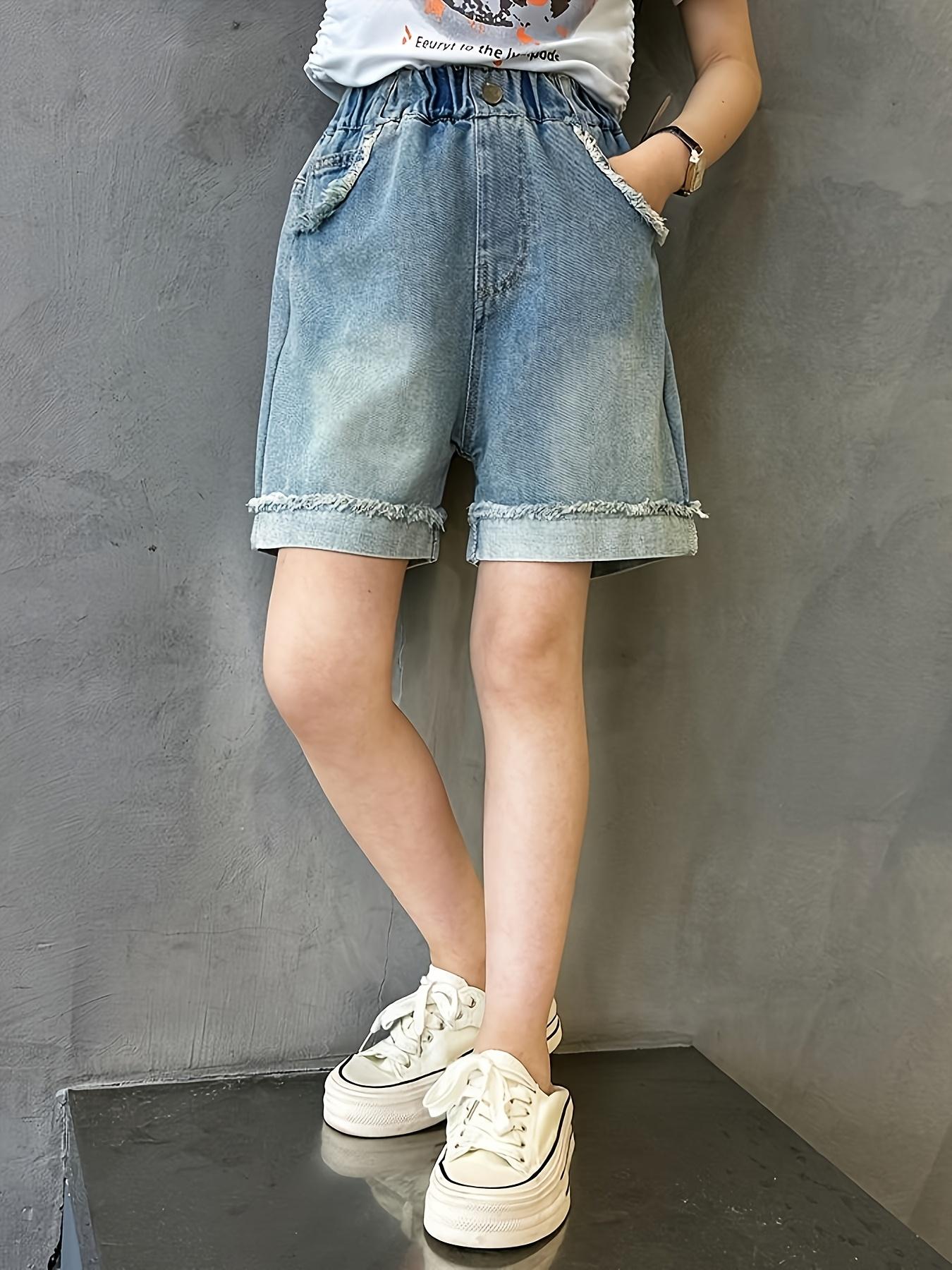 Girls' Butterfly Denim Shorts - 75% Cotton Blend Loose Fit Summer Shorts with Elastic Waistband, Machine Washable Casual Shorts for Teens 12+ Years, Birthday & Eid Gift