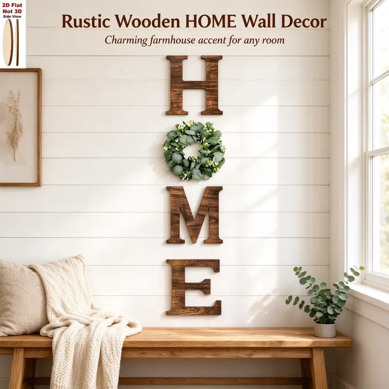Wooden HOME Letter Wall Decor with Eucalyptus Wreath, Vintage Farmhouse Style Decorative Wall Sign, Neutral Wall Art for Entryway & Living Room, Home Decor Aesthetic, Ideal Housewarming Gift for New Home
