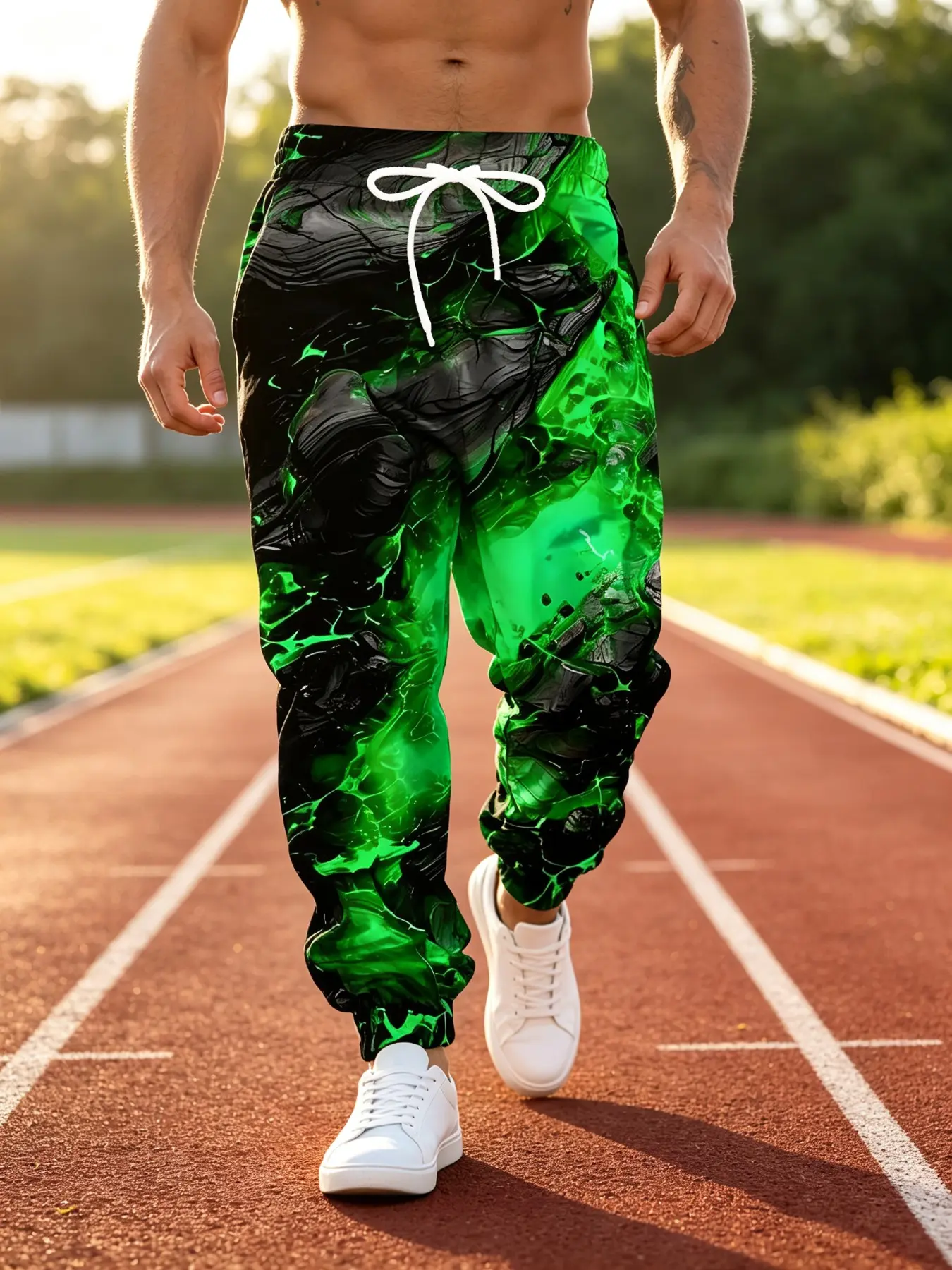 Men's Boho Style Sweatpants, Lava Flow Art, Fluorescent Crackle Gradient Print, Loose-Fit Drawstring Joggers