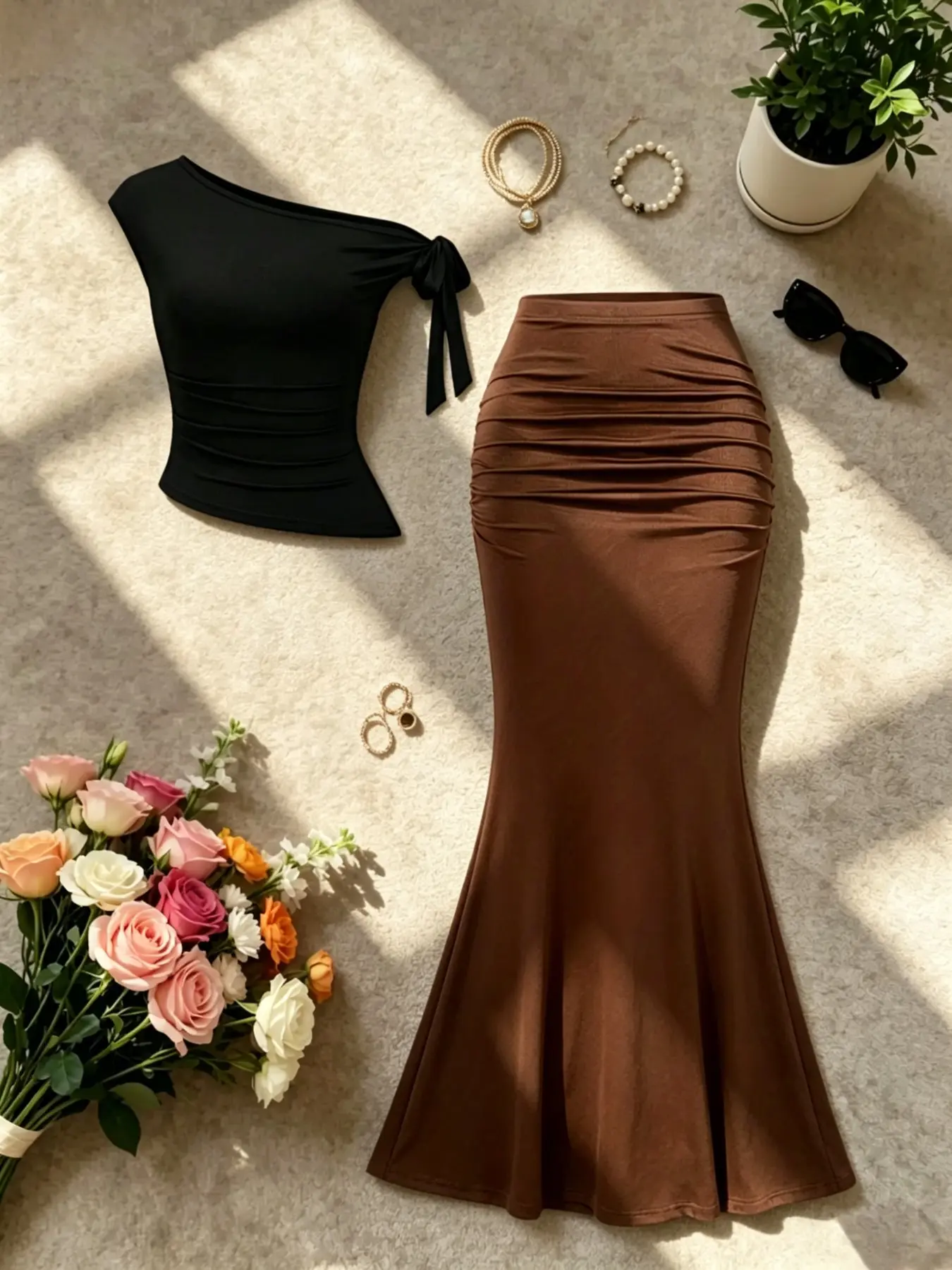 Sexy Casual Plain Suit, Fitted Unlined Top & Fish Tail Skirt Set, High Waist Design, Body-Conscious Style, Two-Piece, Bodycon