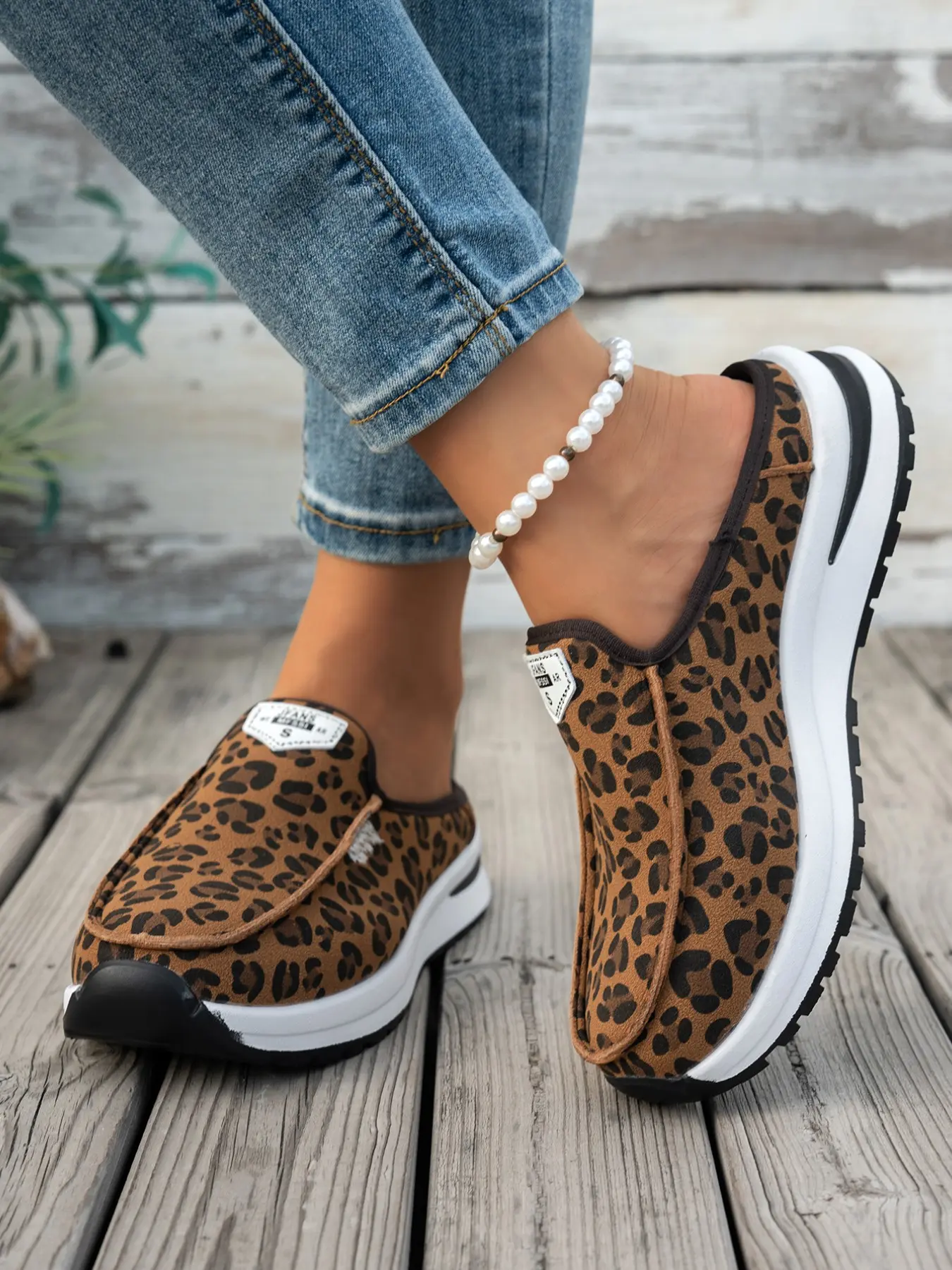 Women's New Style 2026, Leopard Print, Colorful, Thick Sole Mules, Large Size, Comfortable, Casual, Laces, School/vacation, Summer Flat Shoes