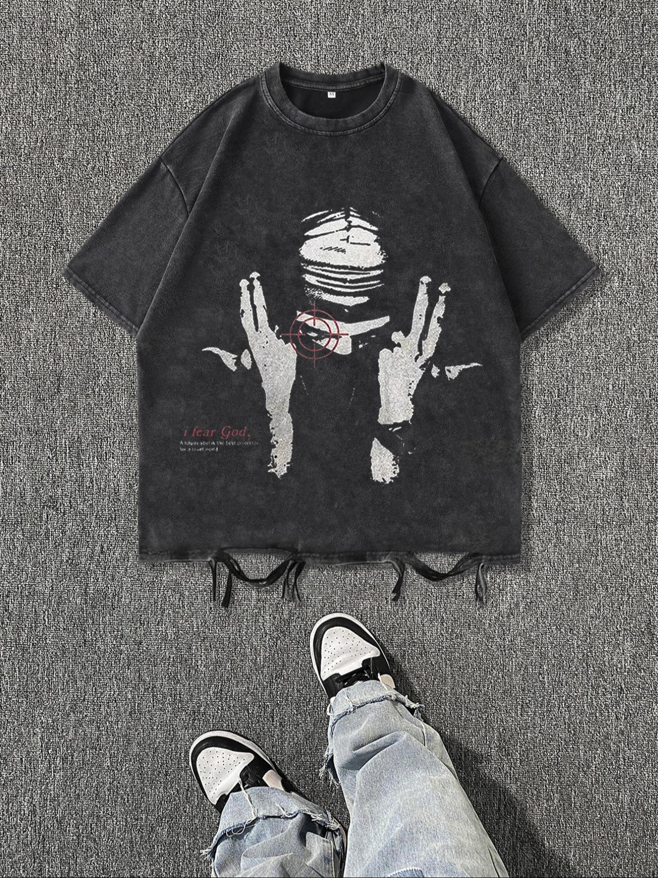 Men's Vintage Letter Print Raw Hem Round Neck Tee, Regular Fit Casual Short Sleeve T-shirt, Men's Summer Top for Daily Wear, Cotton