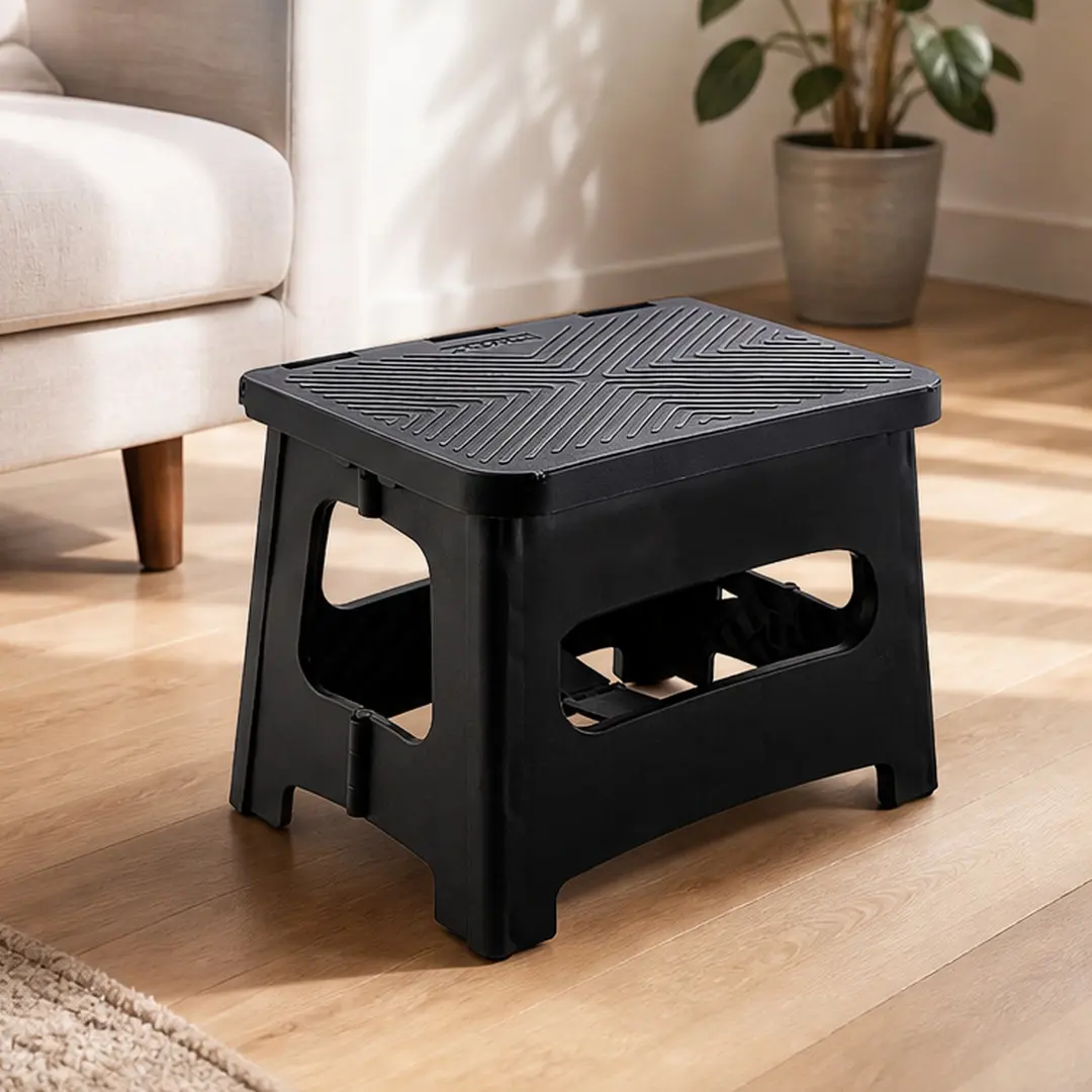 ARCH 9 Inch Folding Step Stool Portable Non-Slip 300 lb Capacity Polypropylene Black Compact Foldable Foot Stool for Kitchen Bathroom Office Camping Garden Adults Children Single Step Stool, Black Color Options, Polypropylene Material