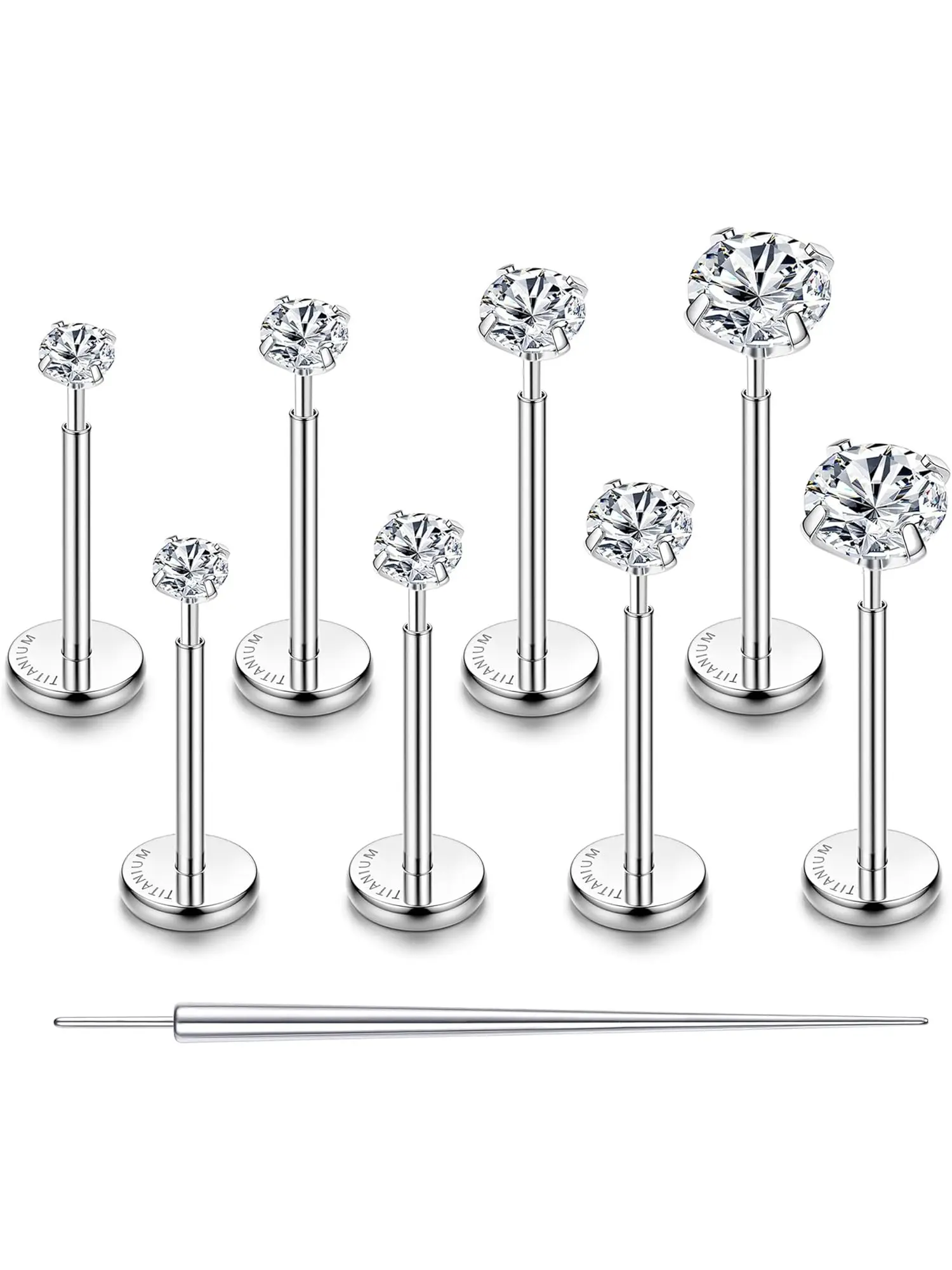 8 Pcs Titanium Threadless Flat Back Earrings for Women Hypoallergenic Cartilage Earrings for Sensitive Ears Small Push in Nose Stud Set CZ Conch Lip Labret Medusa Tragus Helix Piercing Jewelry