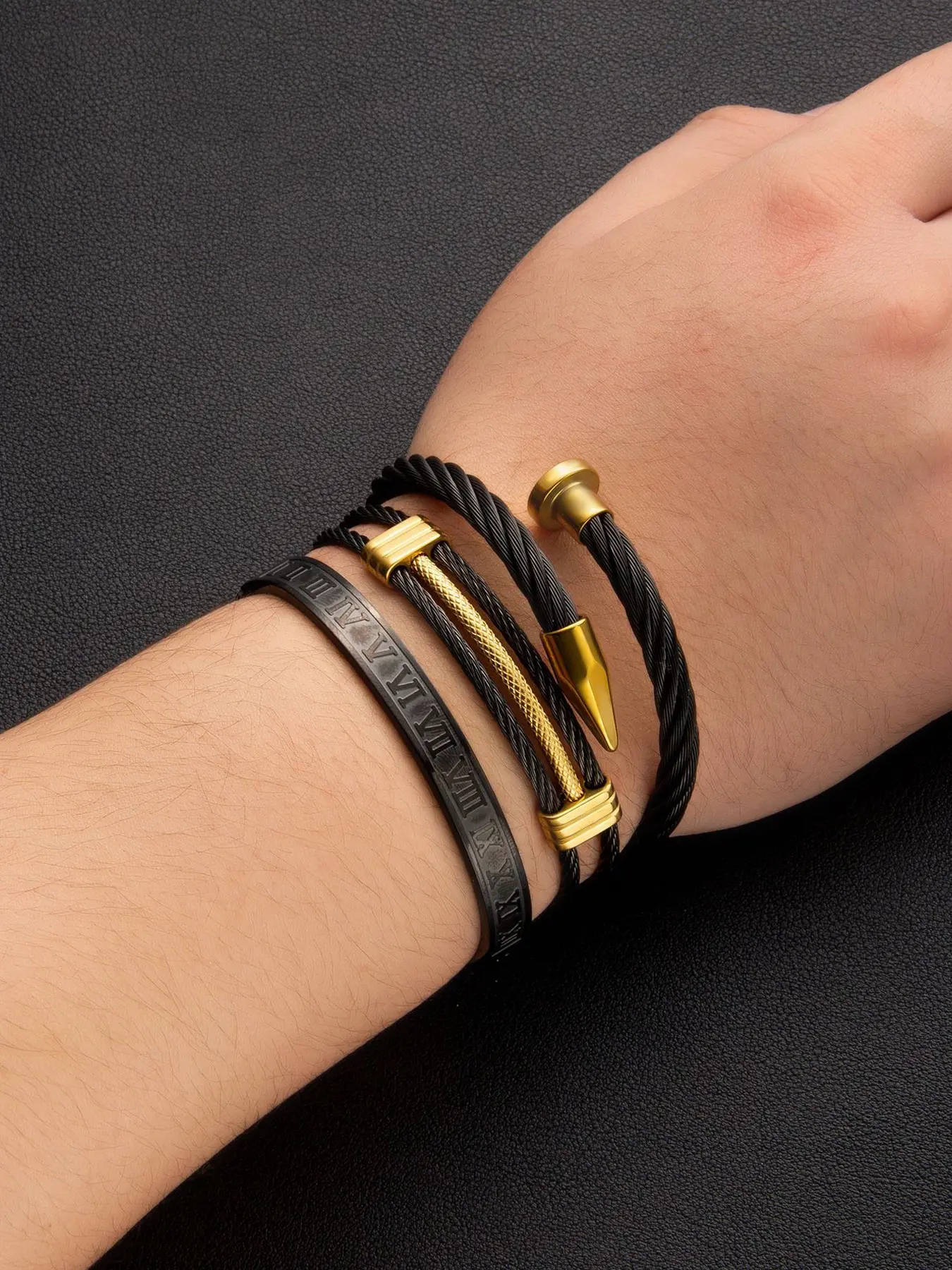 Men's Stainless Steel Bracelet Set, Waterproof Luxury Jewelry, Bullet Detailing, Industrial Style, Durable and Stylish, Perfect for Everyday Wear