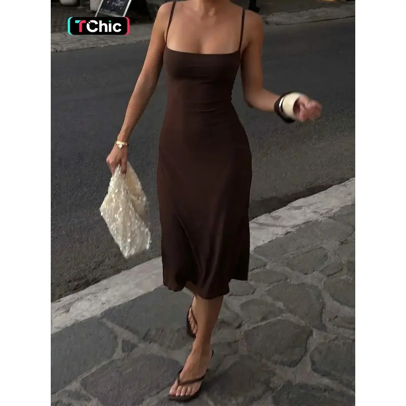 Women Solid Slim Fit Midi Slip Dress, Sleeveless Backless Spaghetti Straps Elegant Summer Dress, Suitable for Party Club Dating