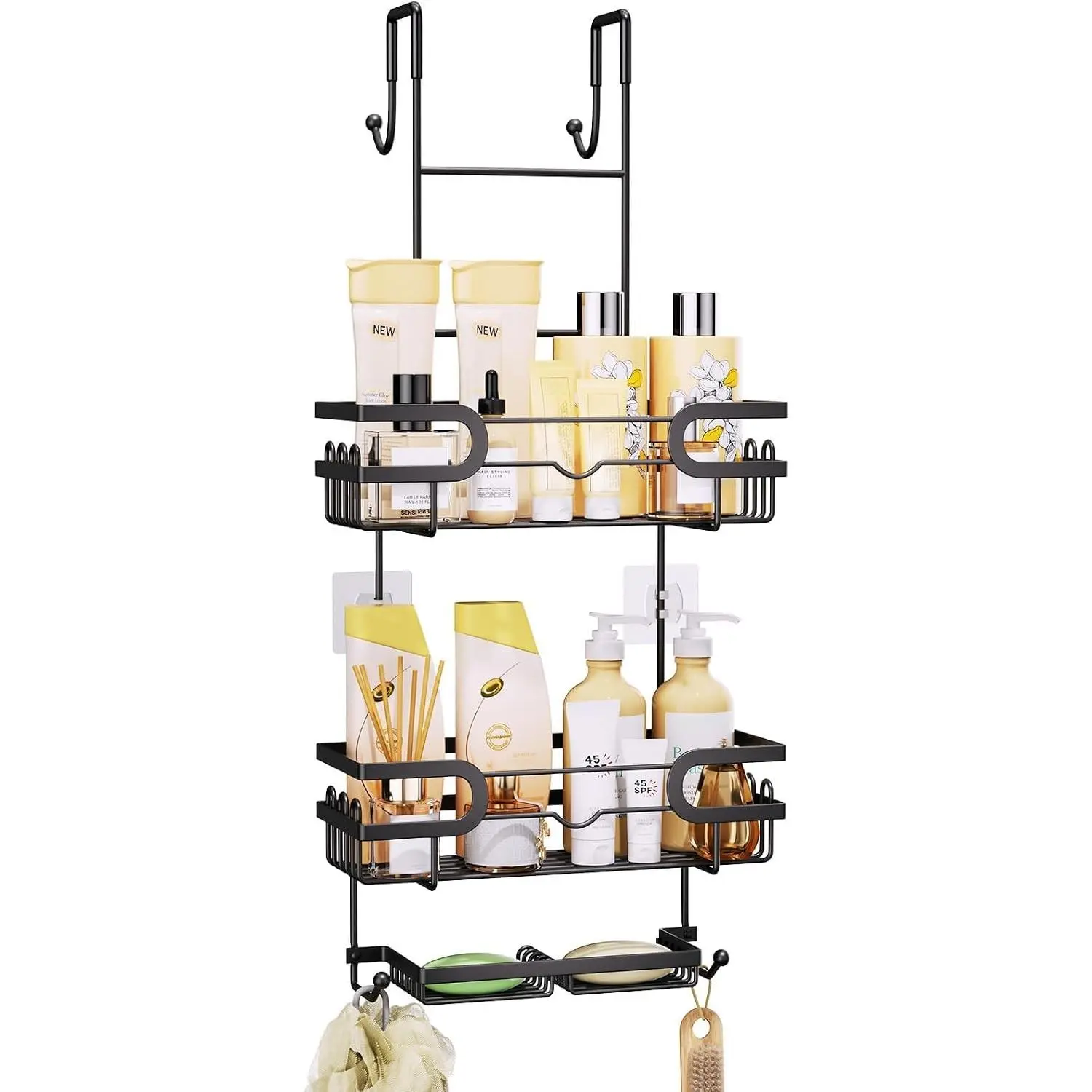 Over the Door Shower Caddy Hanging with Double Soap Holder, Hanging Shower Organizer with 16 Hooks, No Drilling Shower Shelves Over Door, Bathroom Rack and Storage, Black