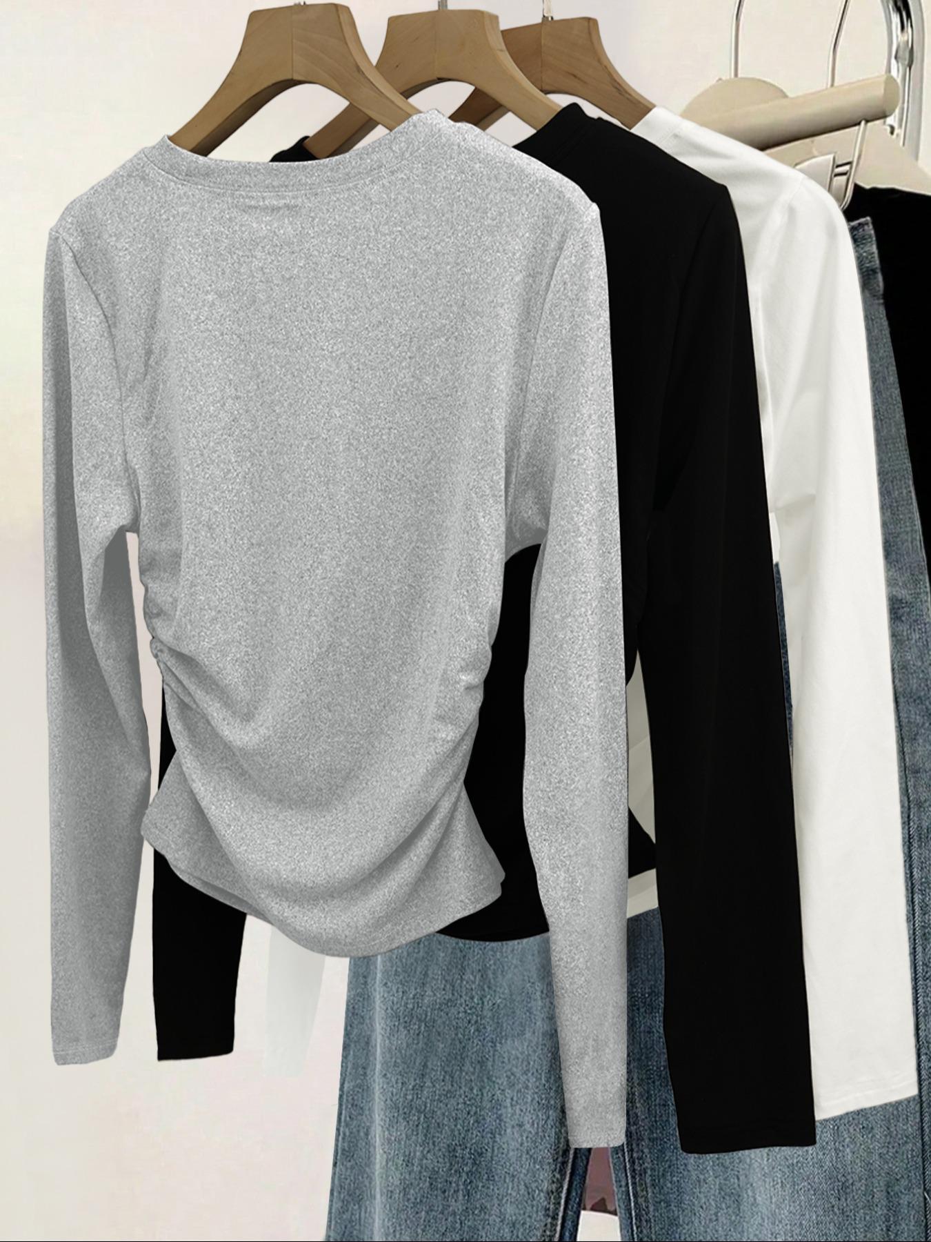 3pcs women's casual and fashionable Aesthetic slim fit small bow print details simple solid color pleated pullover shirt women's round neck long sleeved three piece T-shirt