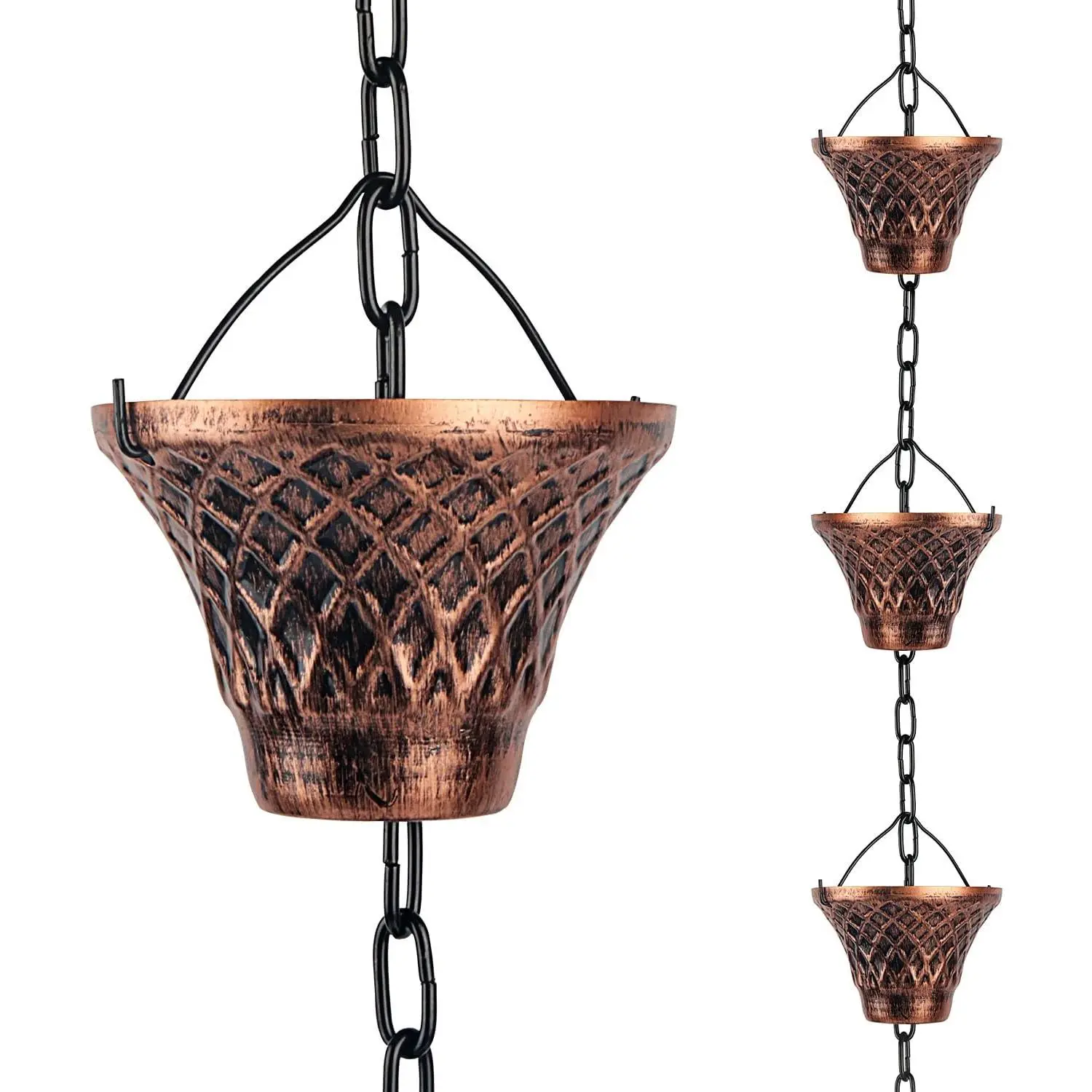 8.5FT Copper Rain Chains for Outside Gutters, Rain Catcher Chain with 12 Cups, Decorative Replacement for Downspout