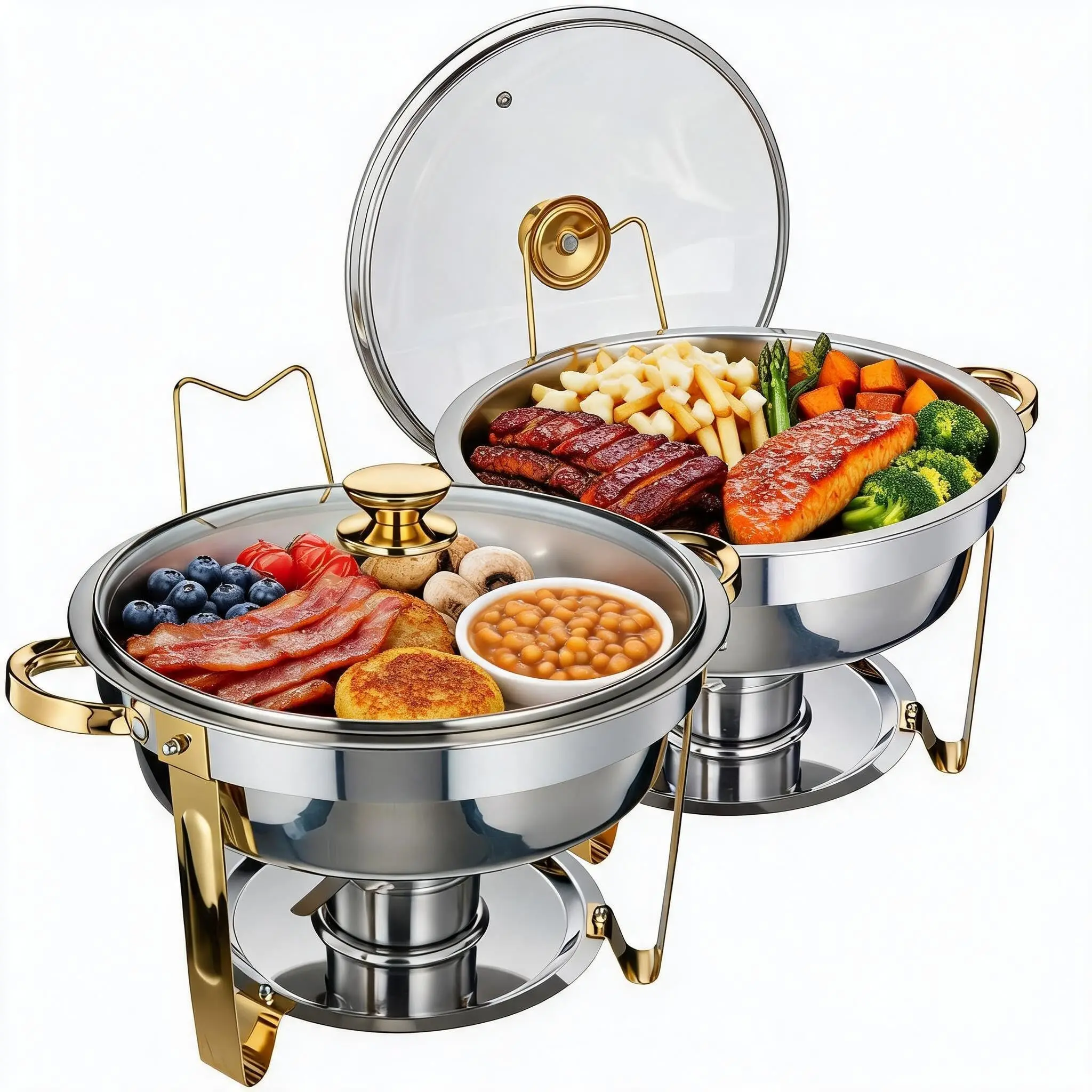 Garvee 2 Pack 5QT Round Gold Stainless Steel Chafing Dish Set with 4 Fuel Holders, Portable Buffet Food Warmers for Catering, Weddings, Parties, and Large Events