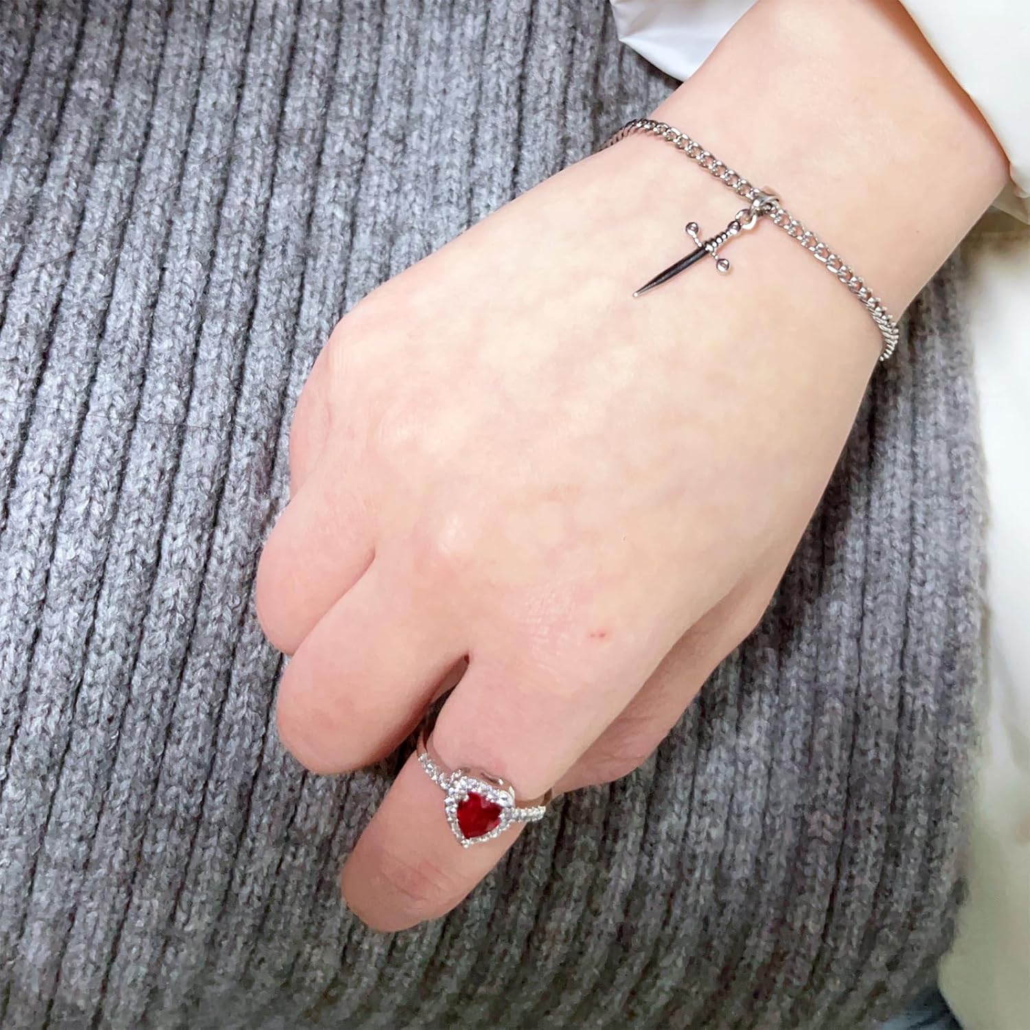 Heart Ring Sword Bracelet Set for Couple Gold Silver Heart Ring Sword Link Chain Bracelet Red Gemstone Promise Ring for Her Sword Through Heart Valentine Anniversary Trendy Jewelry