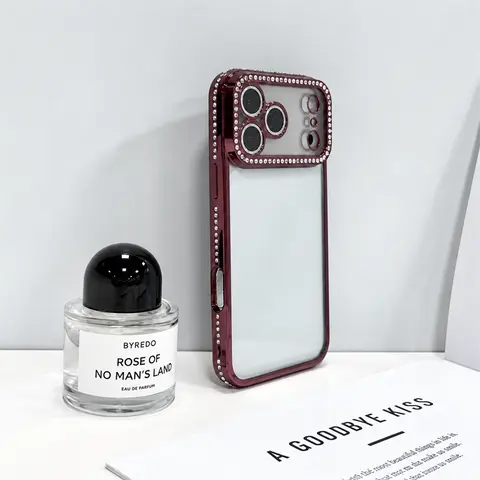 Burgundy Rhinestone Frame Phone Case Crystal Camera Bling Clear Back Glam Design with Lanyard Holes for iPhone 18 17 16 15 14 13 12 11 Plus Pro Max bling Gift for Her