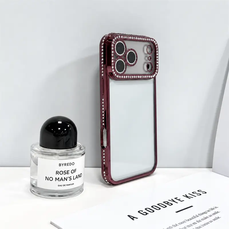 Burgundy Rhinestone Frame Phone Case Crystal Camera Bling Clear Back Glam Design for iPhone 18 17 16 15 14 13 12 11 X Plus Pro Max