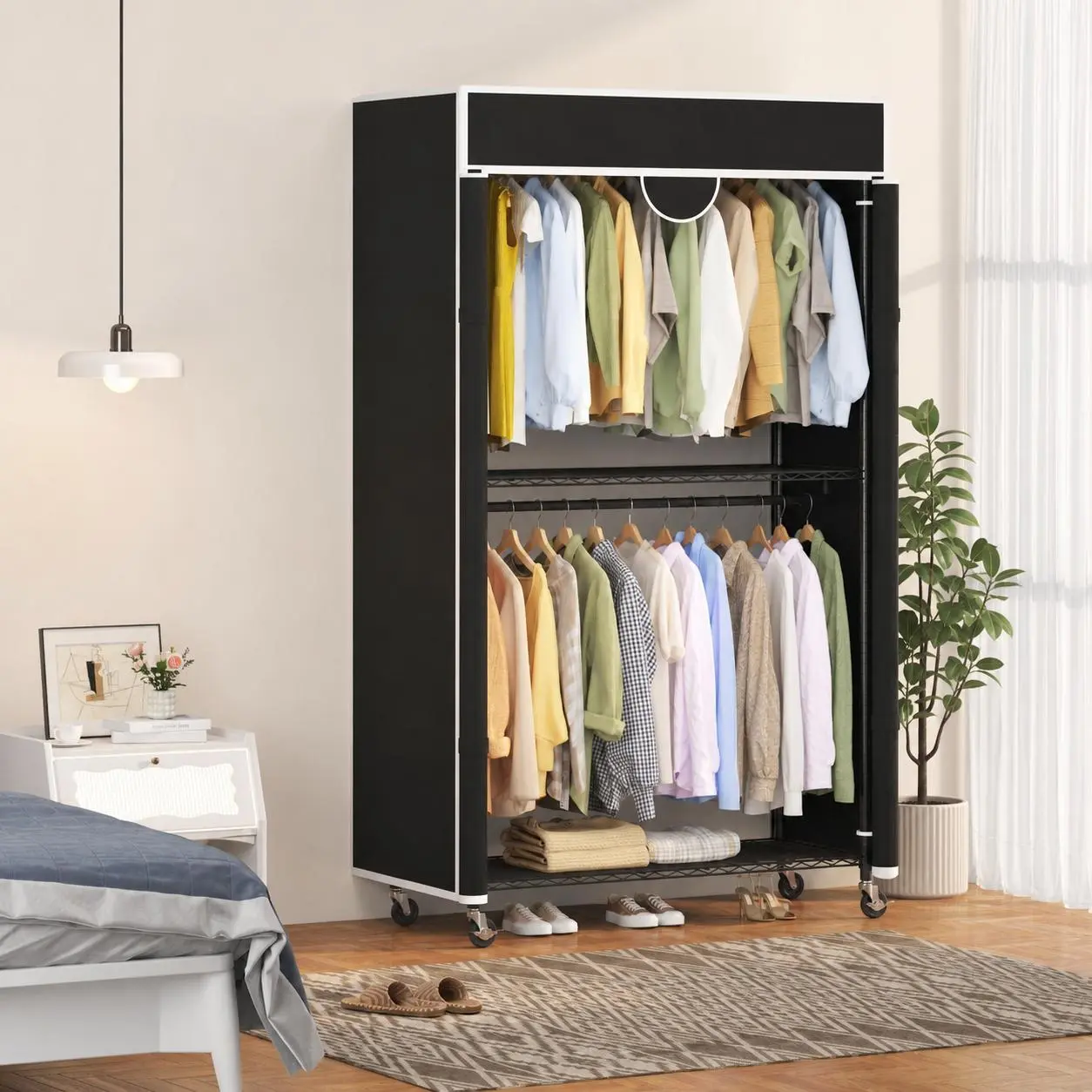 Heavy Duty Portable Closet Wardrobe – Carbon Steel Frame, Dustproof Cover, Tool-Easy Assembly, Movable Clothing Storage Rack, Ideal for Bedrooms, Laundry Rooms, and Storage Spaces