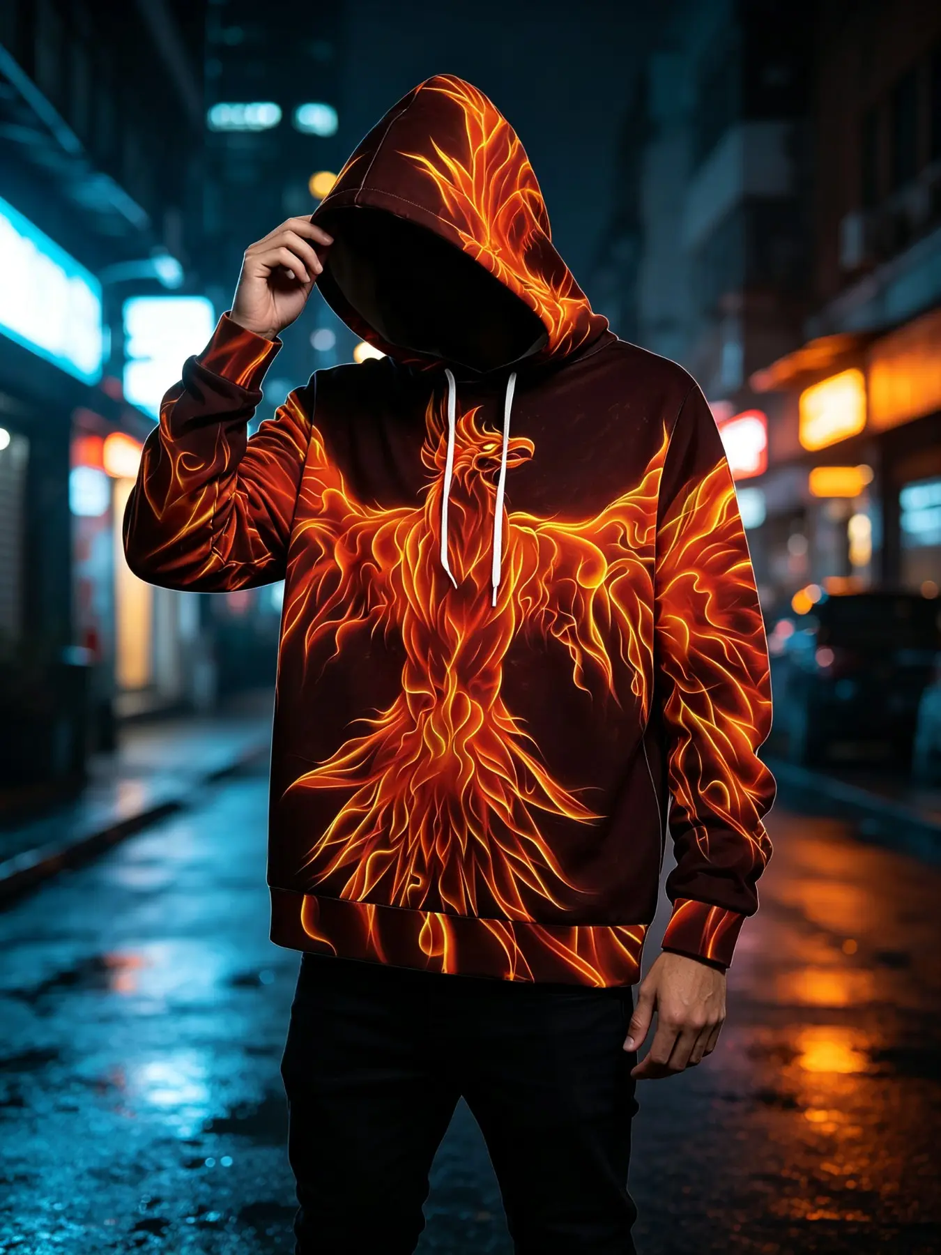 Vintage Mythical Phoenix Art Full Print Pullover Hoodie, Loose-Fit Long Sleeve Sweatshirt for Fall & Winter, Casual Night Market
