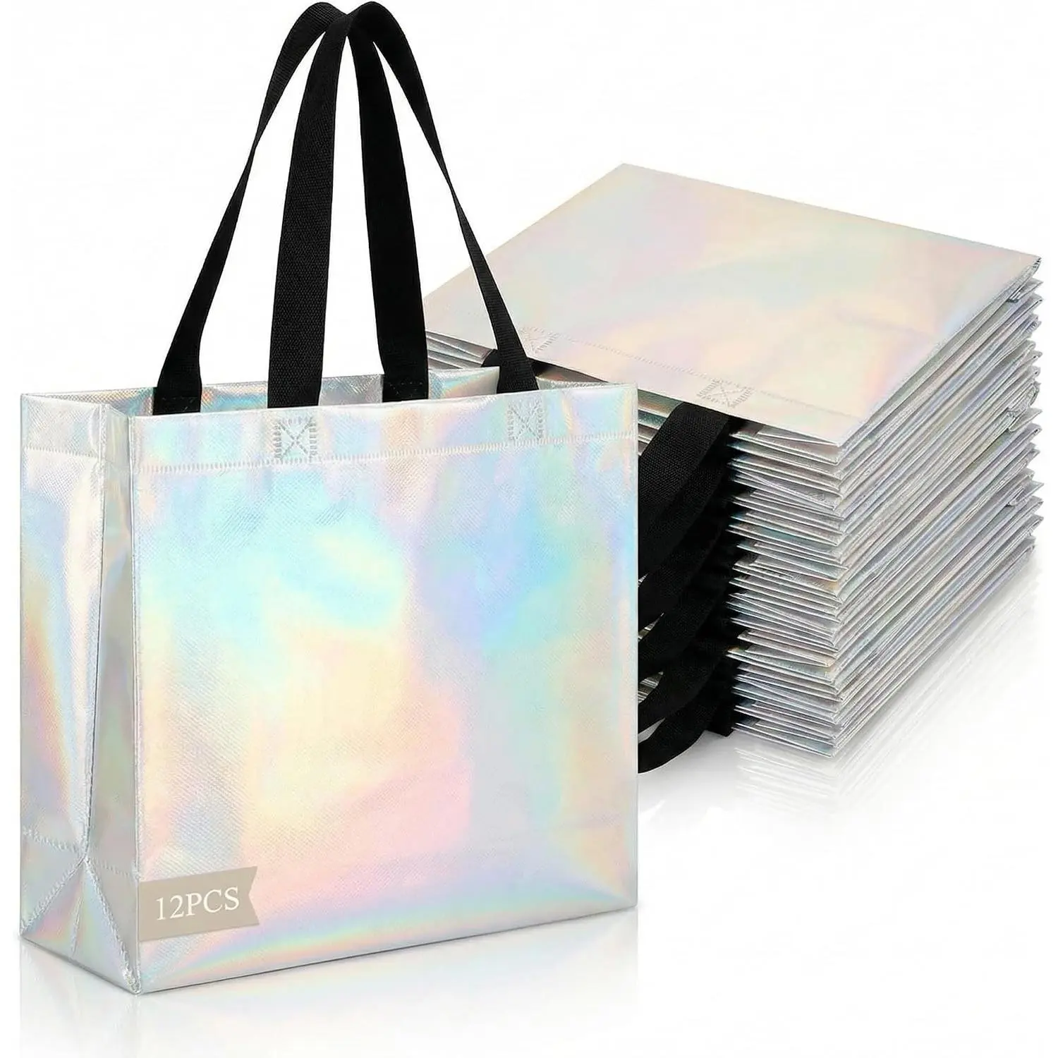 12 Pack Iridescent Reusable Gift Bags with Handles Bulk — Large 12.6" Holographic Rainbow Non-Woven Party Favor Goodie Bags for Wedding Birthday Christmas Baby Shower, Eco-Friendly Sturdy