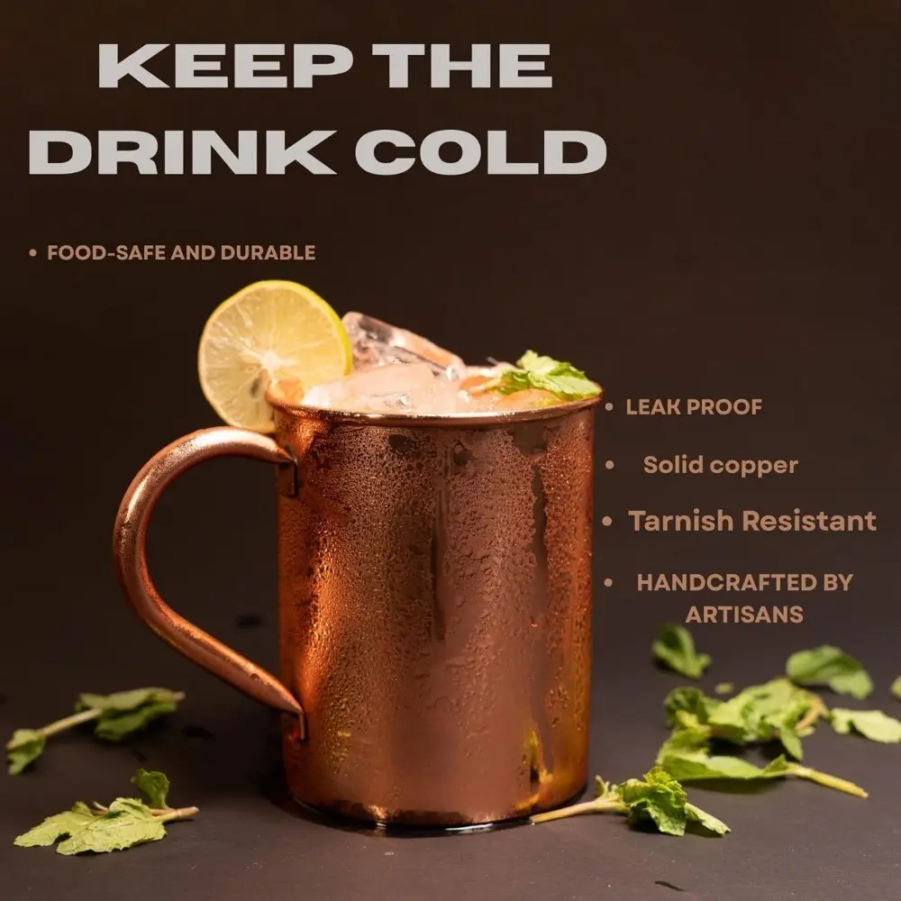 16 Oz Hand Hammered Copper Moscow Mule Mug, Cup, Riveted Handle, Ayurvedic Health Drinkware, Ideal for Cocktails, Beer, Home Bar, Party Gift