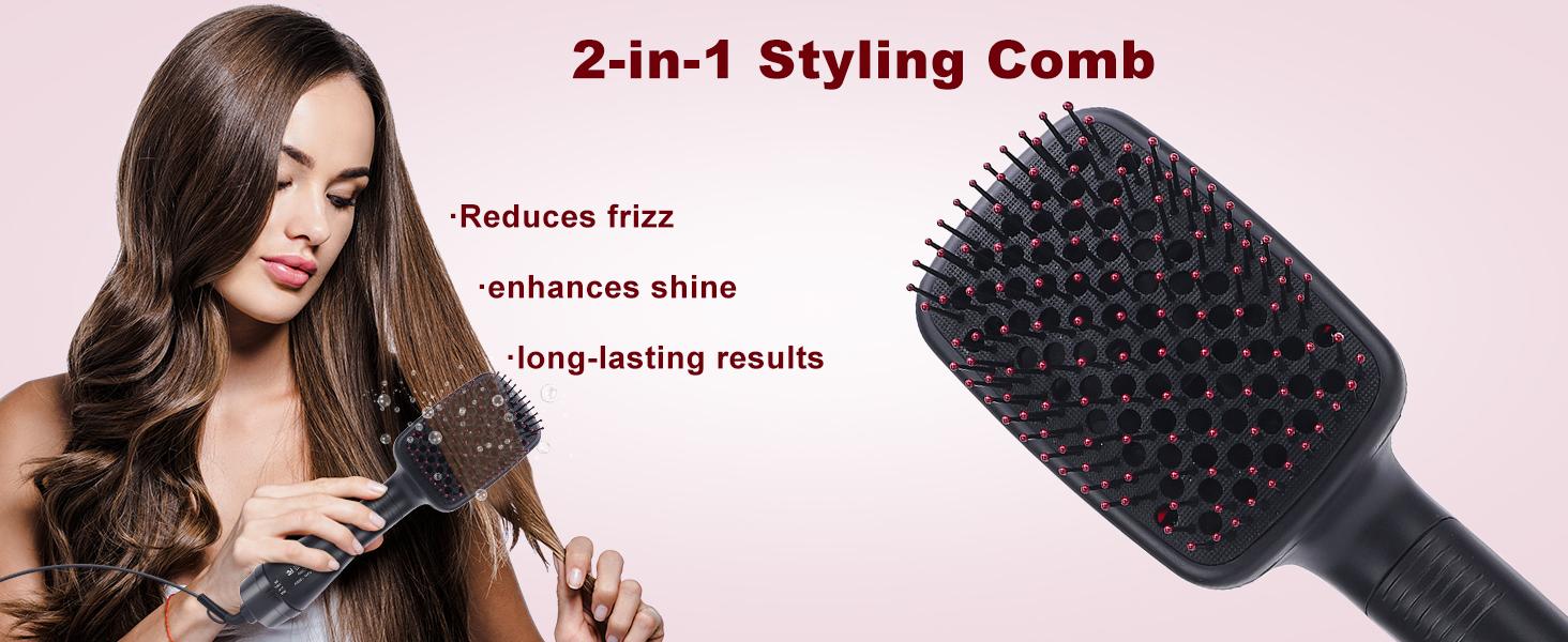 2 in 1 Hair Dryer Brush & Straightener Brush, Hair Dryer and Styler, Negative Ion Blow Dryer Brush, Hot Air Brush Detangles, Dries, Smooths, Reduce Frizz & Static