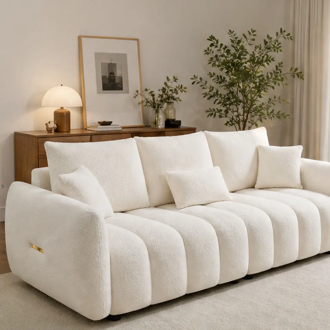 ARCH 79.5" Premium Teddy Fabric Sofa 3-Seater Oversized Upholstered Couch with 3 Back Pillows and 3 Back Cushions Solid Wood Frame Beige Living Room Bedroom Apartment Office Furniture, 3 Seat/6 Seat/Beige/Black Color Options, Fabric/Wood Material