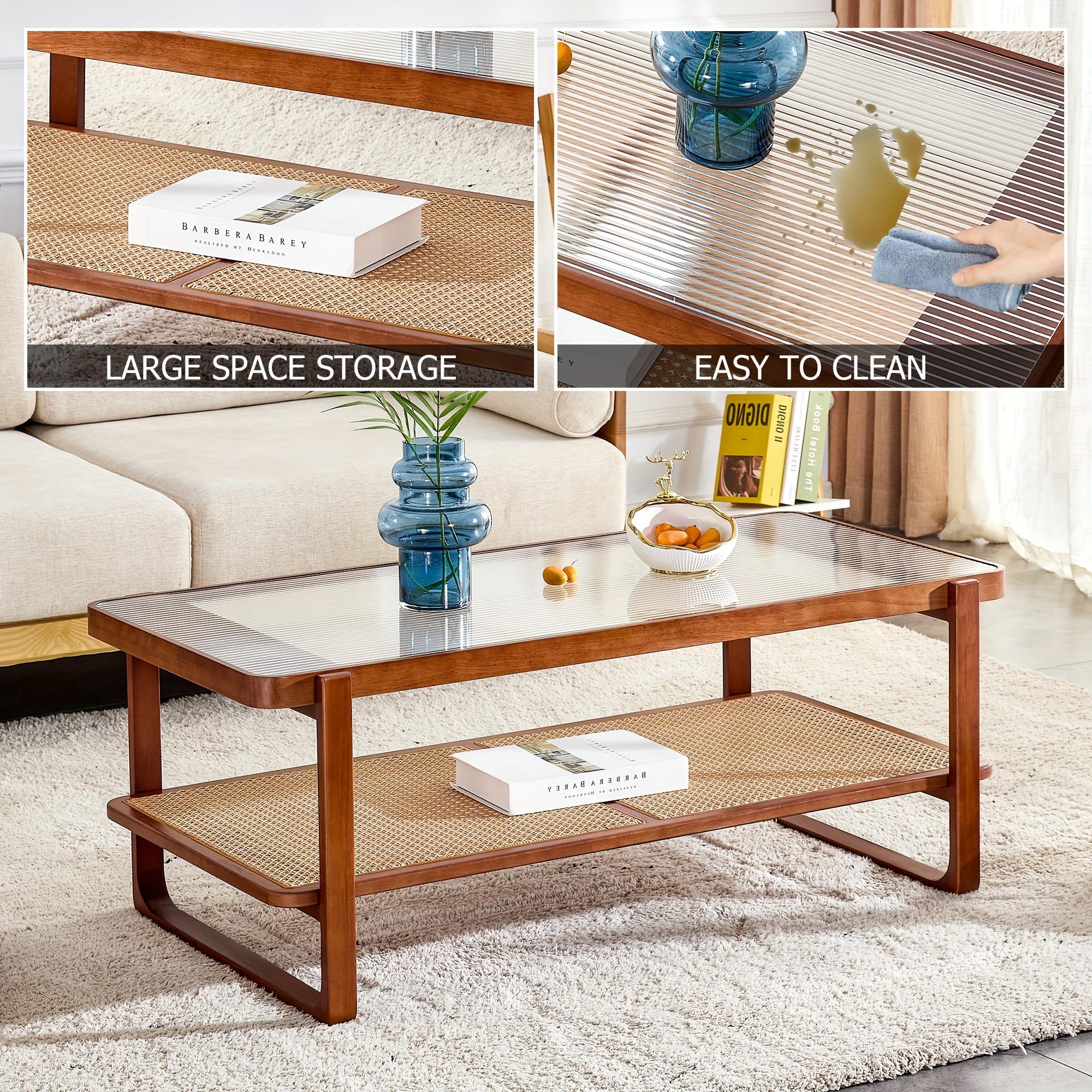 Modern Rectangular Glass Desktop Coffee Table Rattan Woven Edge Coffee Table Living Room