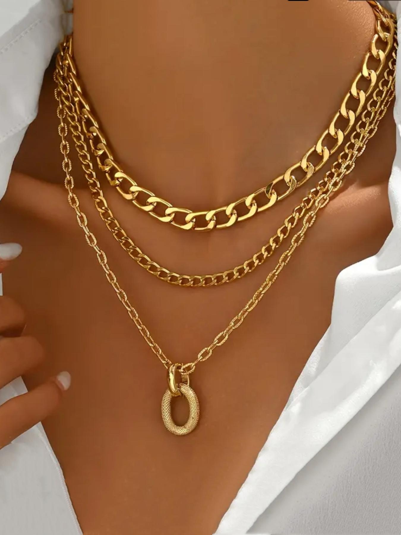 Multi-Layered Hip Hop Necklace for Women, Geometric Oval Pendant with Chunky Aluminum Chain, Minimalist Style Gift for Parties, Chunky Chain Choker