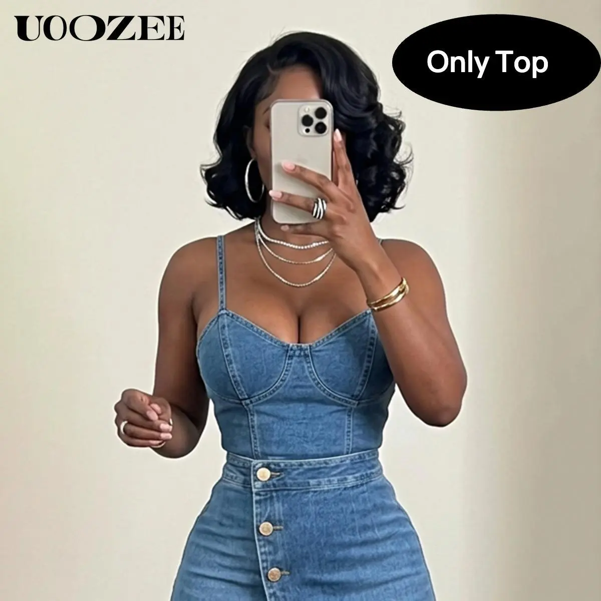 UOOZEE Women's Solid Color Polyester Denim Spaghetti Strap Tank Top, Sleeveless Elastic Vintage Minimalist Crop Top for Daily Outfits, Beach & Going-Out Wear (Pairs Well with Accessories), Wide Leg, Bottoms, Hoop, Fabric, Cotton, Vintage Style, Matching,,