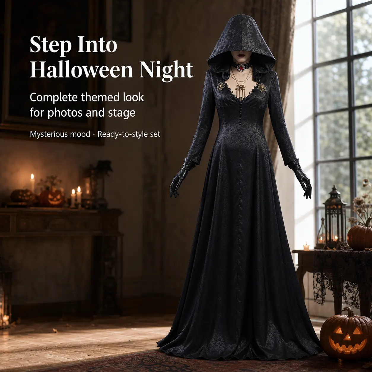 Women Gothic Hooded Long Sleeve Maxi Dress, Vintage Dark Jacquard Vampire Witch Cosplay Costume