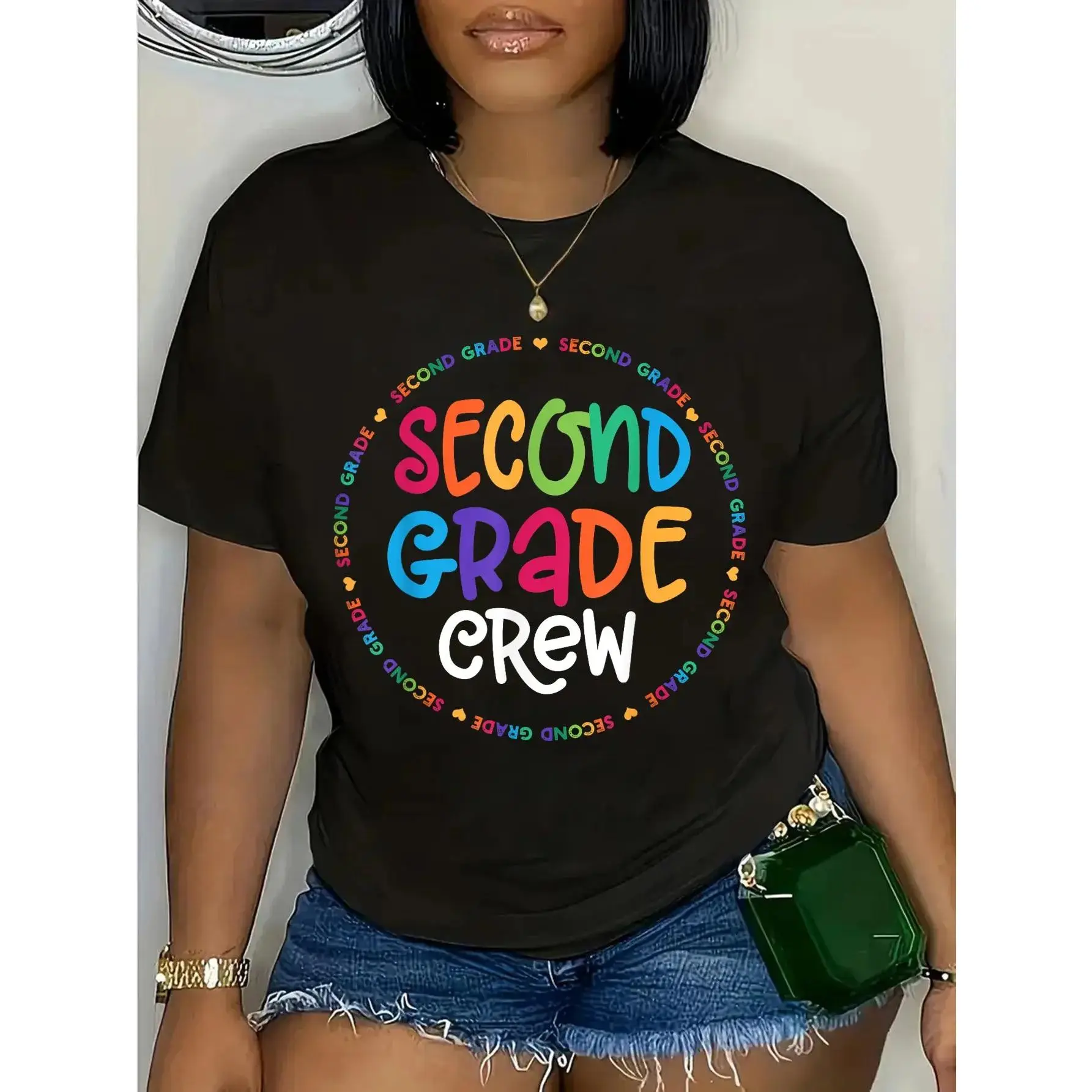 Women's 2nd Grade Crew Teacher Graphic Print T-Shirt - Unisex 100% Cotton Short-Sleeves Casual Round Neck Top, Breathable Loose Fit Fabric, Heat Transfer, Fit, Back to School Basics, Oversized All-Season Piece