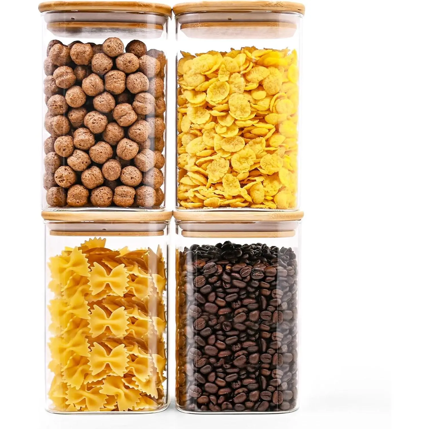 Food Storage Jars Square 37oz, 4 Pack Glass Jars With Bamboo Lids, Kitchen Storage Containers For Spice, Candy, Cookie, Storage For Pantry Organizers
