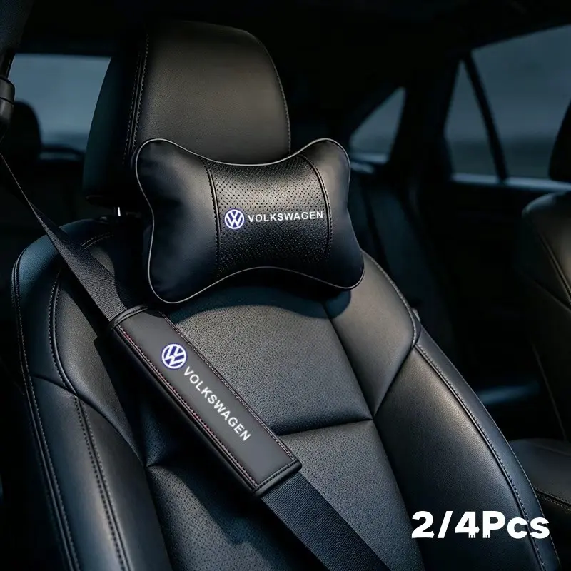 2/4pcs PU Leather Car Headrest Cushion, Neck Pillow Seat Cover, Seat Belt Shoulder Pads, Universal Fit, Car Interior Accessories, Headrest Set