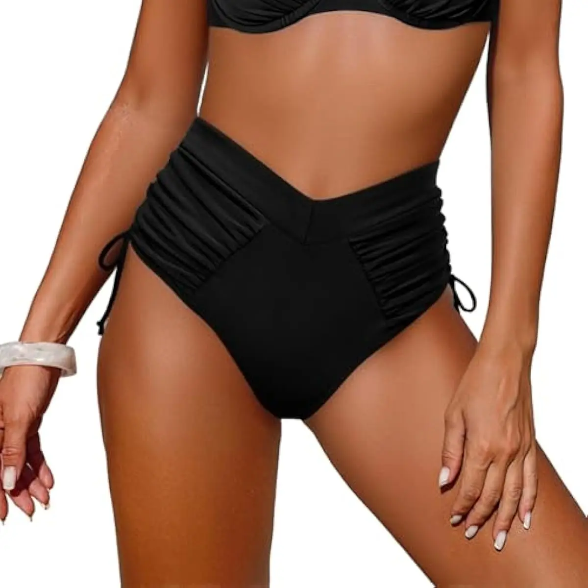 Women's High Waisted Bikini Bottoms - V-Cut Front, Ruched Tummy Control, Full Coverage, Elastane Fabric, Multi-Size, Figure-Flattering, Adjustable Drawstring Waist, Hand Wash Only Beach Swimwear, Polyamide Mix