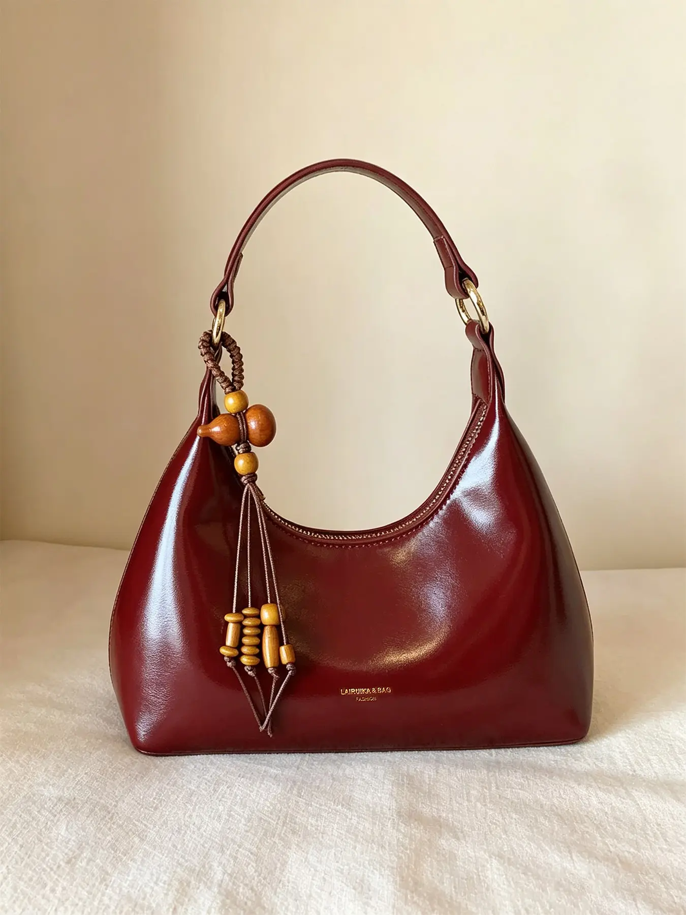 Retro Burgundy Gloss Women's Embellished Shoulder Bag, Retro Crescent Underarm Handbag with Detachable Wooden Gourd Bead Tassel Pendant, Casual Top Handle Wallet, Perfect for Daily Commuting, Dating Occasions, Elegant Retro Style Matching