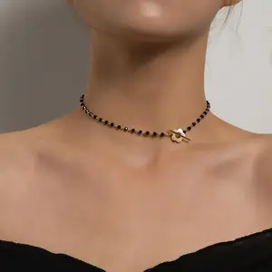 New Fashion Luxury Black Crystal Glass Bead Chain Choker Necklace For Women Flower Lariat Lock Collar  Gifts
