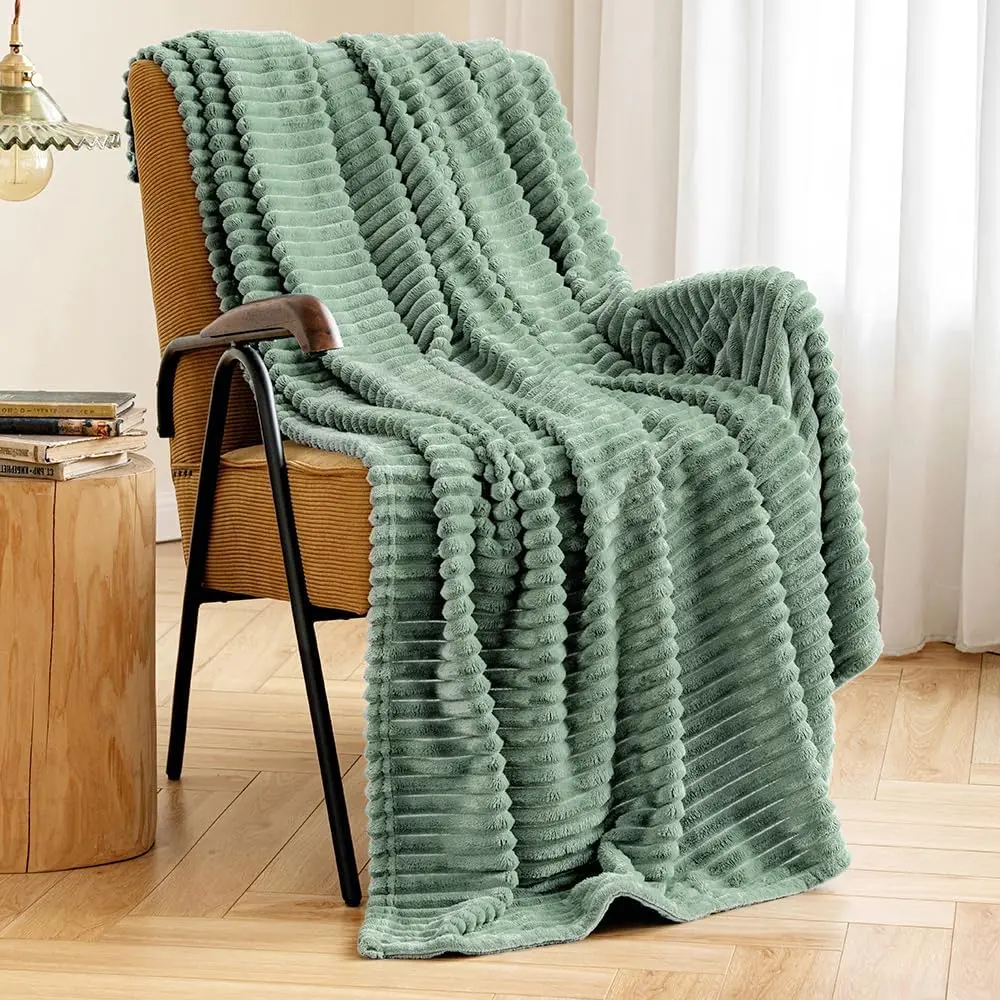 Fleece Throw Blanket with Stripe Pattern 300GSM Soft Fuzzy Sage Green 3D Ribbed Blanket for Couch Plush Warm Blanket for Bed Sofa Chair Throw Size 50"x60"