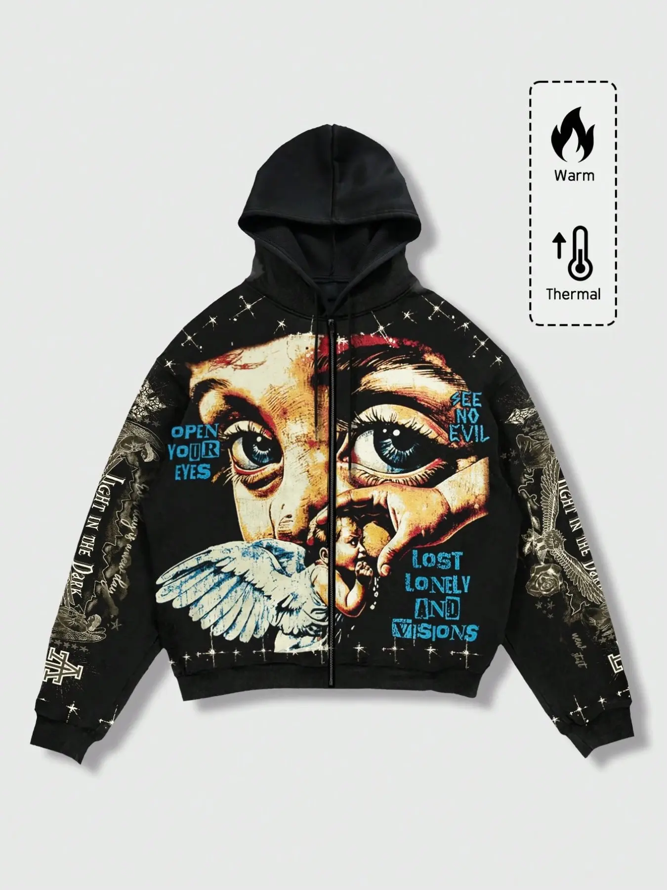 American Vintage High Street Angel Eye Print Zipper Hoodie, Men's Loose-Fit Long Sleeve Unlined Jacket, Subculture Style Outerwear
