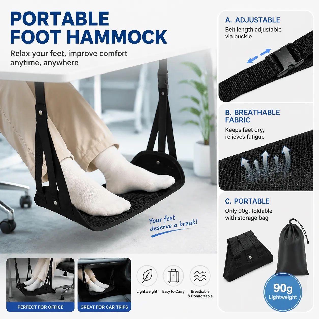 Portable Multi-Function Car Foot Rest, Adjustable Footstool for Home Office, Anti-Slip Foldable Footrest for Indoor Outdoor Use, Universal Ergonomic Foot Support for SUV Sedan, Relieve Leg Fatigue, Space-Saving Foldable Design