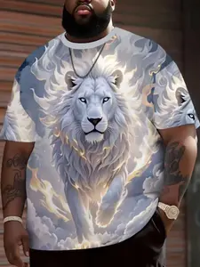 Large Size Men's Cloud Lion King Digital Print Lion T-Shirt, Streetwear Artistic Short Sleeve, Casual Loose-Fit Long Tee, Fashion