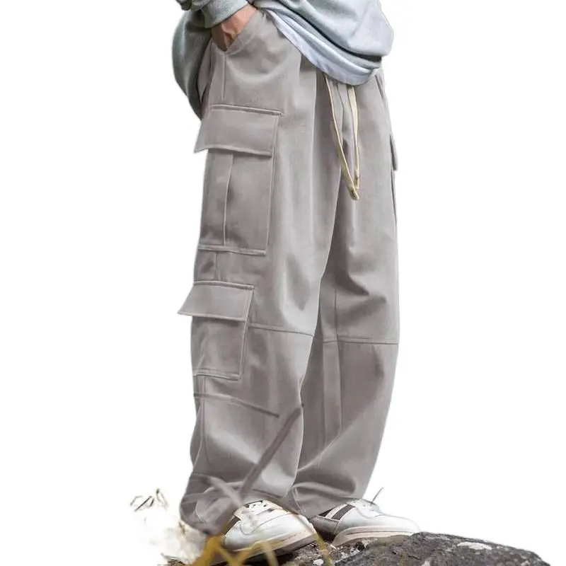 Men's Oversize Baggy Plain Casual Menswear Loose Straight-Leg Outdoor Cargo Pants - Spliced Multi-Pocket Functional Tactical Long Trousers