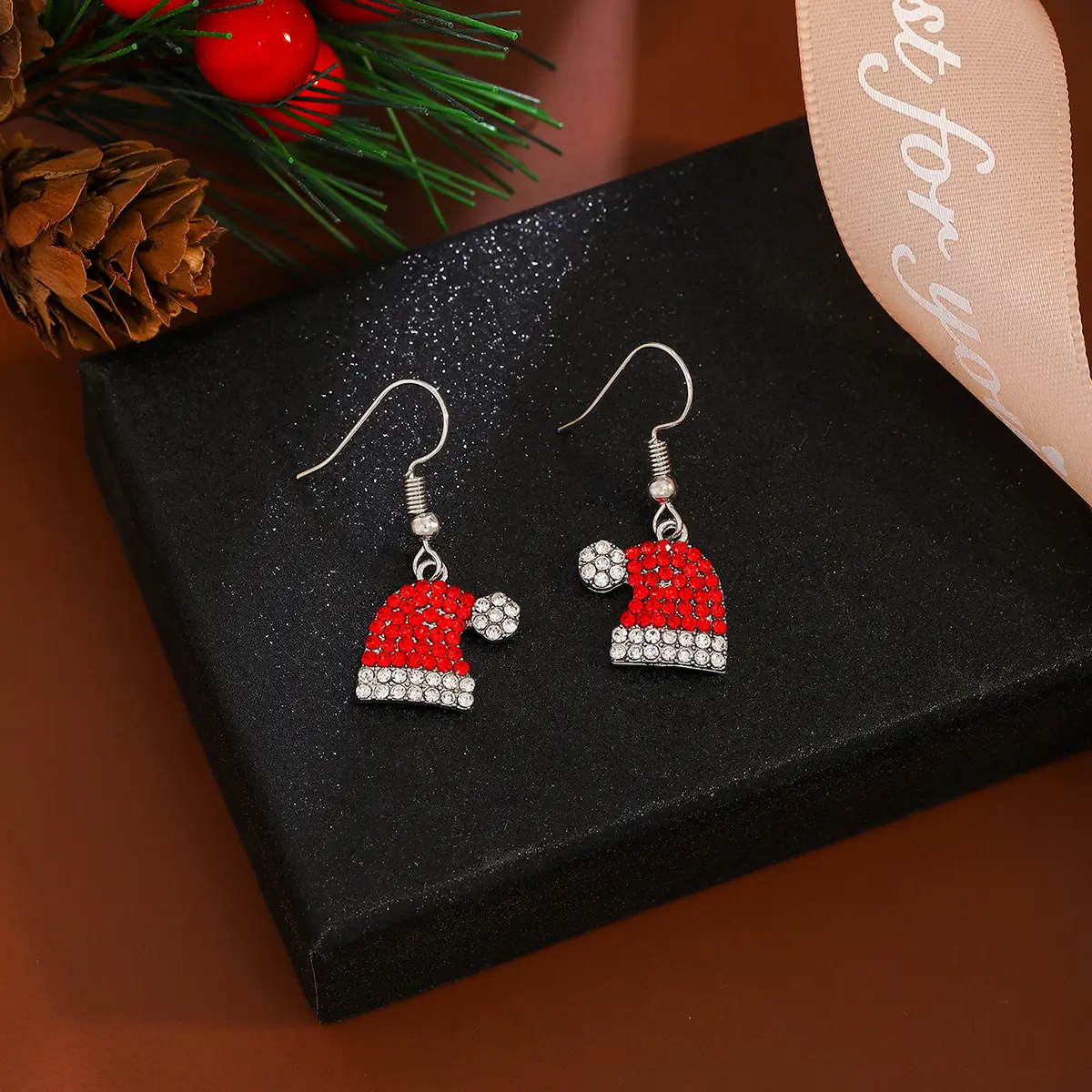 Cute Christmas Hat Earrings, Deer Christmas Hat Artificial Zircon Studs, Women's Adorable Christmas Night Accessories
