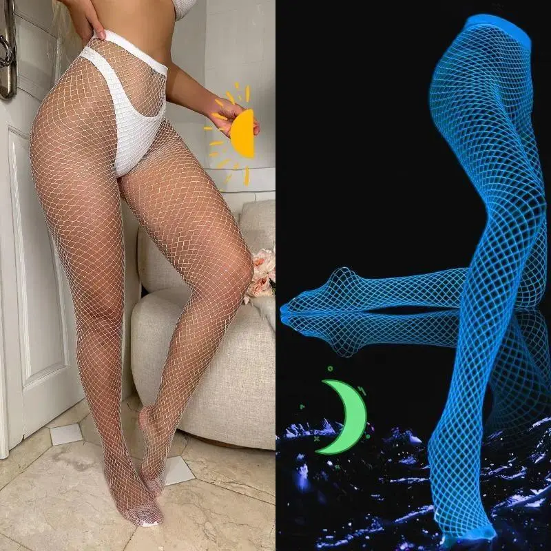 Women Luminous Fluorescent Hollow Fishnet Tights, Integrated Stretch Mesh Hosiery, Unique Light Up See-Through Outfit Accessory for Night Party Club Daily Matching