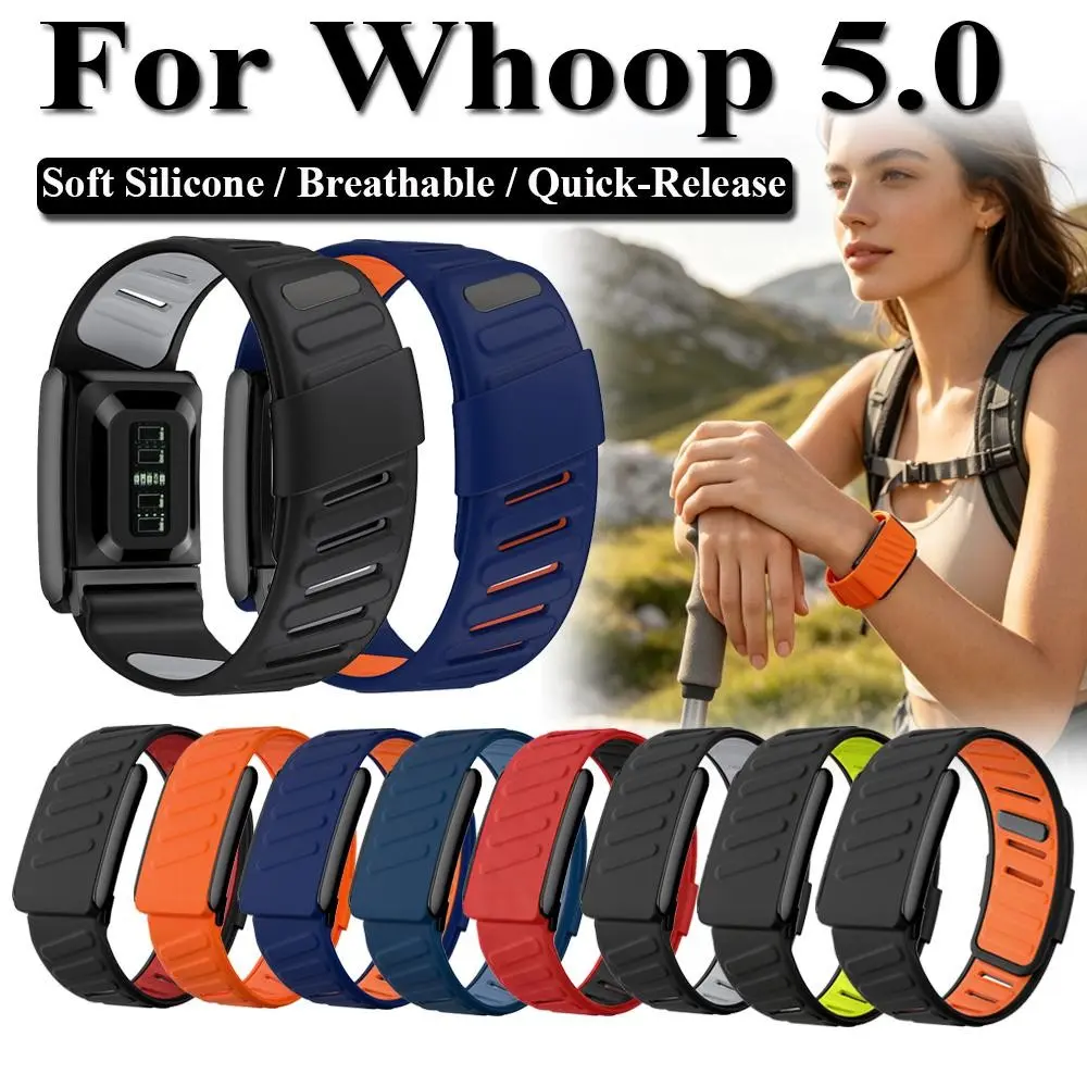 Dual‑color silicone replacement wristband compatible with Whoop 5.0 sports watch. Features soft, lightweight texture with black frame, adjustable fit and quick‑release design. Unisex for daily wear, also an ideal gift. Strap only, tracker not included.