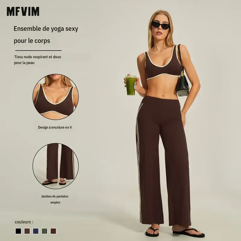 MFVIM Women's 2-Piece Sports Fitness Set - High Stretch Sporty Color Block Backless Bra & High Waisted Athletic Leggings, Gym Workout Apparel, Outdoor Stretchy Sportswear, Travel Essential