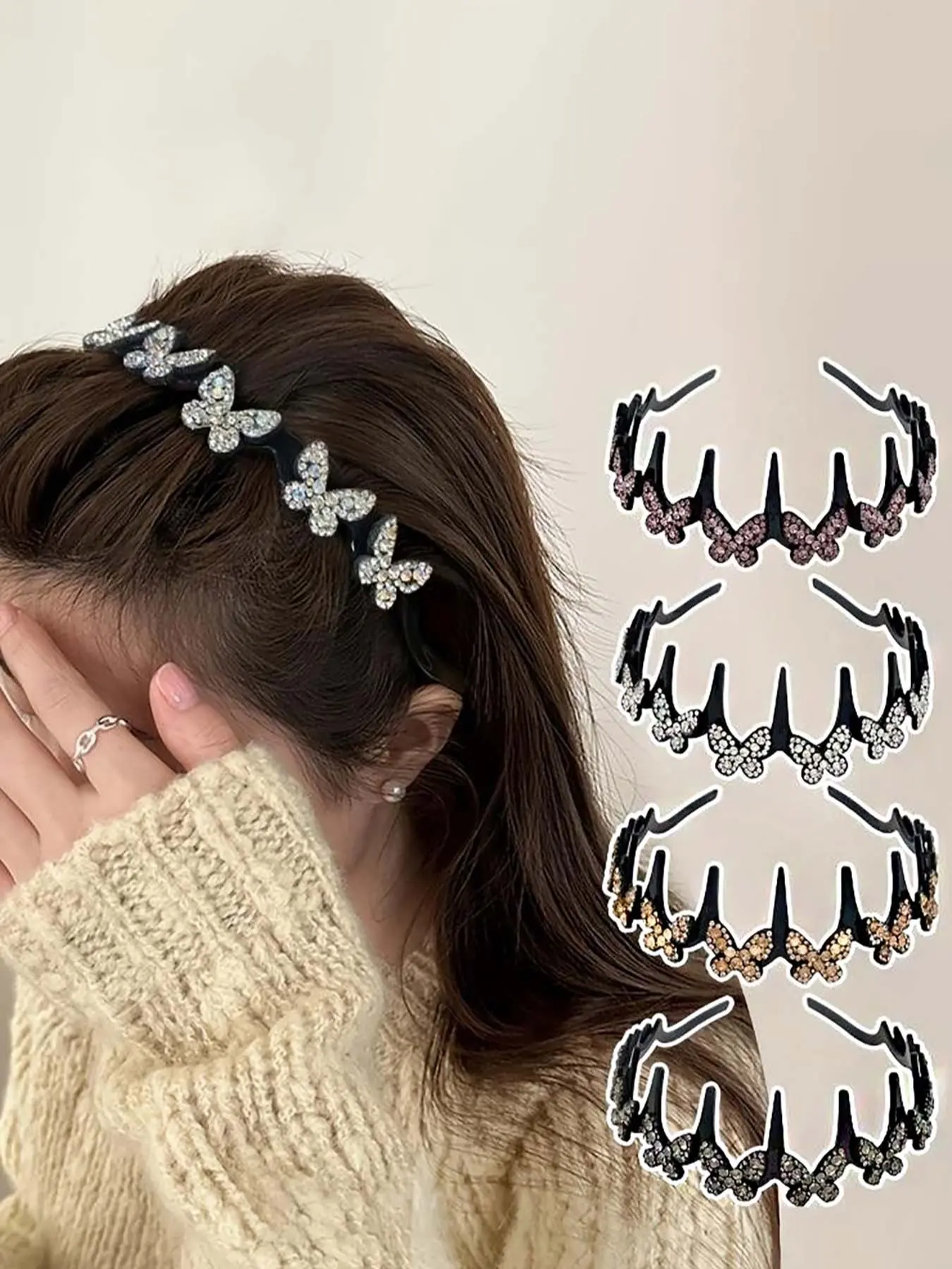 4pcs Set Women's Multi-Color Butterfly Hair Bands, Elegant Gift, Wave Hair Clips, Fringe Holders, Non-Slip Flower Hair Accessories